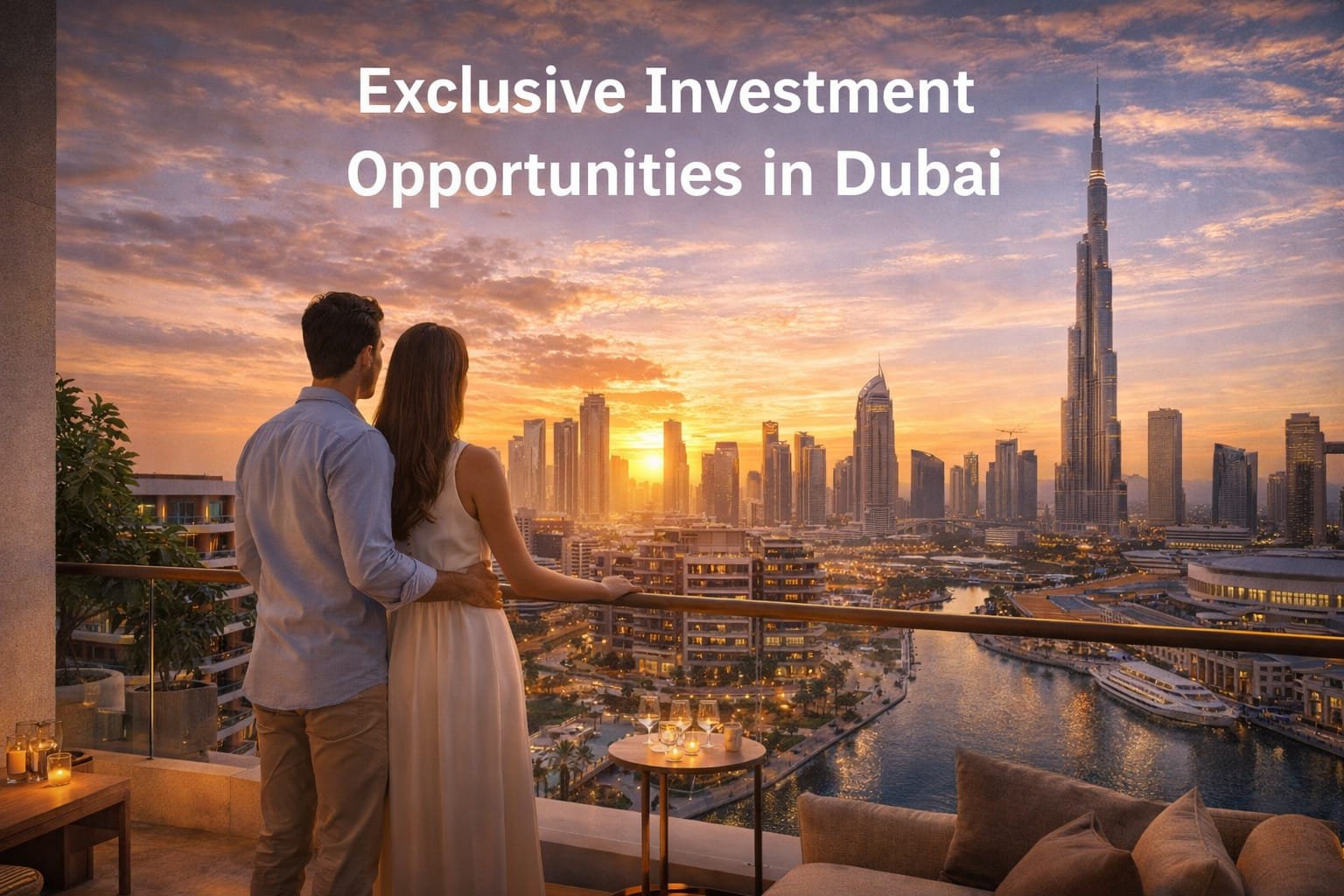 Dubai skyline couple balcony Burj Khalifa sunset