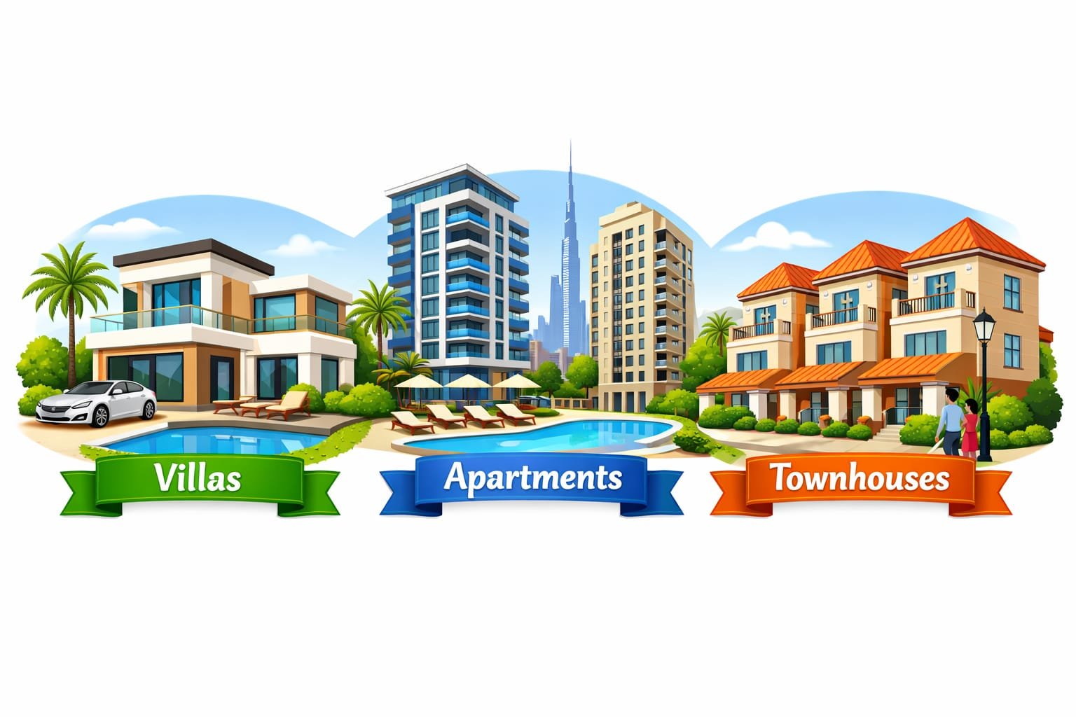 Dubai property types apartments villas townhouses illustration