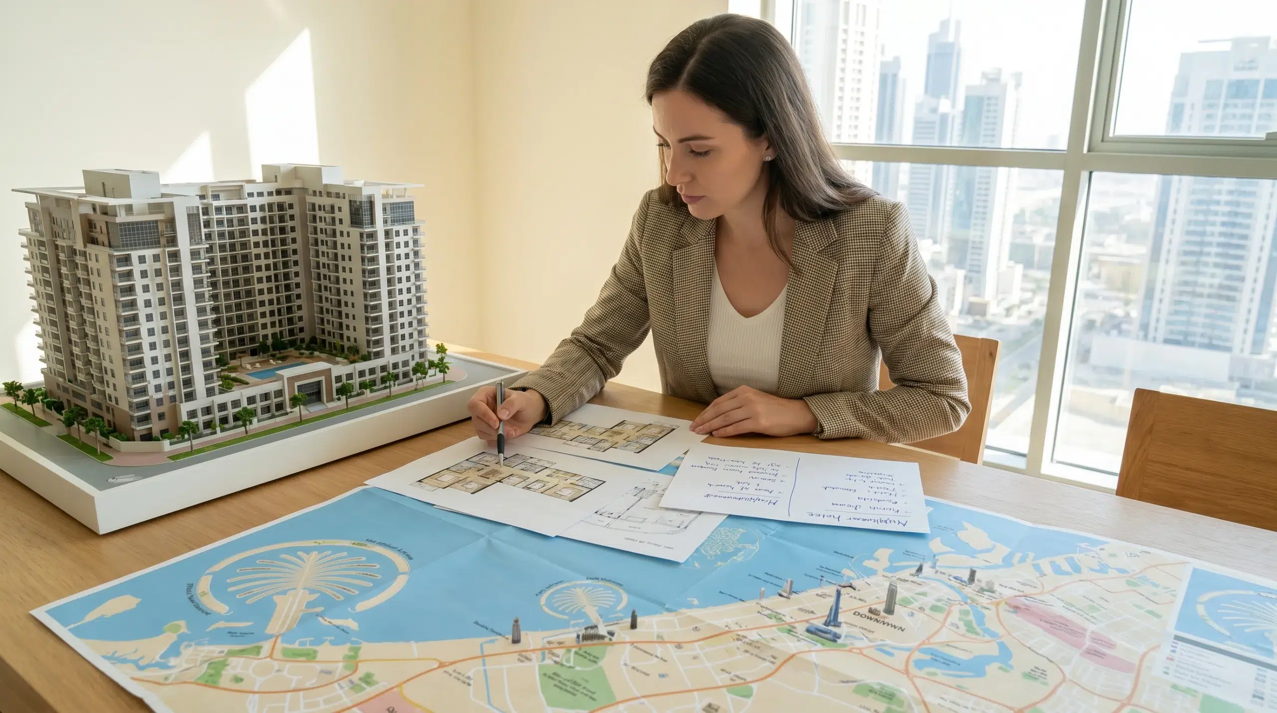A buyer reviewing printed property listing details, floor plans, and neighborhood notes on a table beside a model apartment layout and a city map of Dubai.