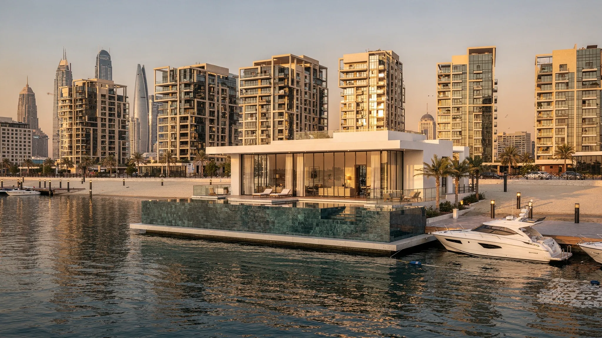 Luxury waterfront residences in Dubai with a beachfront villa, a row of high-rise towers, marina water, a few yachts, and the city skyline beyond.