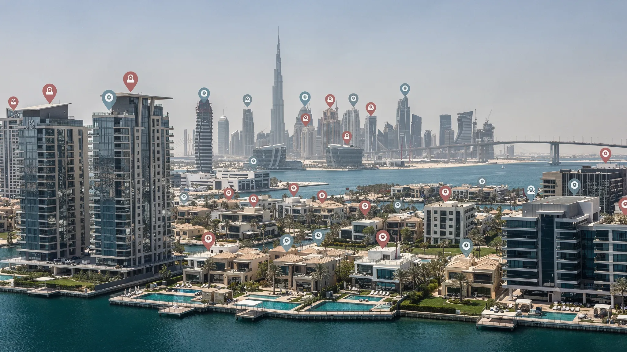 Panoramic UAE cityscape showing apartment towers, waterfront villas, and commercial buildings across Dubai, Abu Dhabi and other Emirates, overlaid with small property-search pin icons to represent listings across the market.