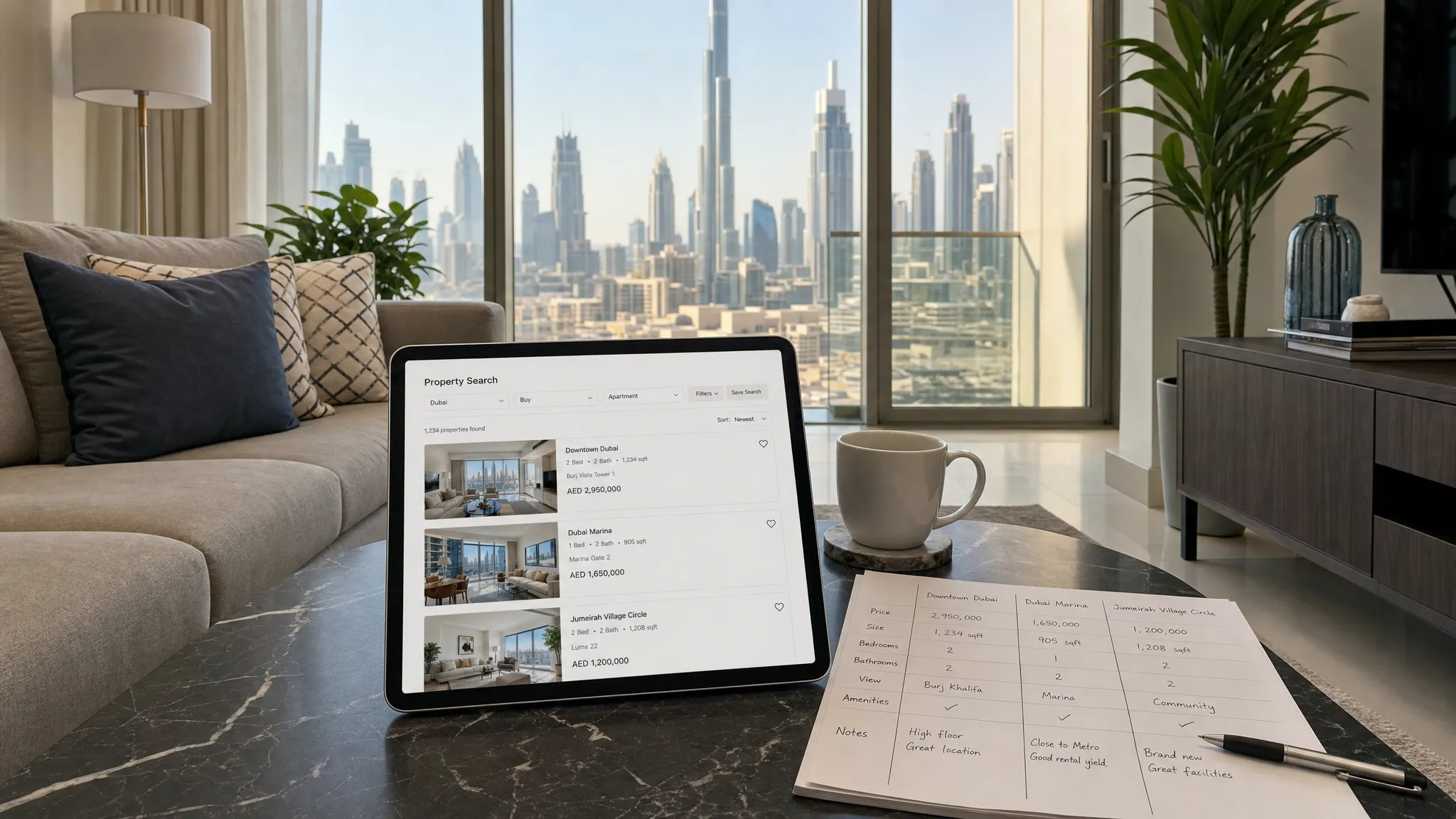 A bright modern apartment living room with large windows overlooking Dubai, with a tablet on a coffee table facing the viewer showing a property search page and printed notes comparing listings beside it.
