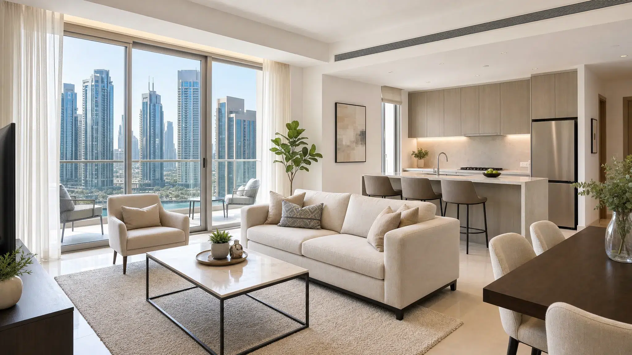 A bright modern Dubai apartment living room prepared for sale, with clean neutral furniture, open curtains, a balcony view of city towers, and a tidy kitchen visible in the background.