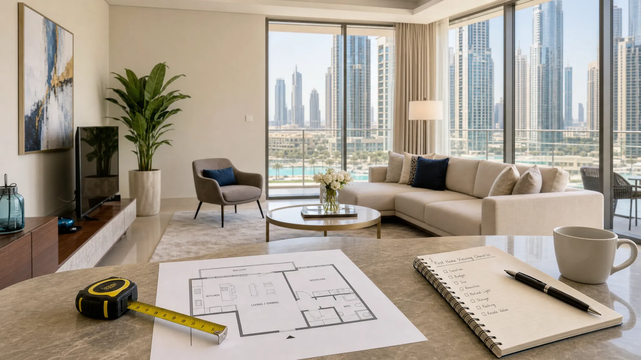 A bright modern Dubai apartment living room with floor-to-ceiling windows overlooking city towers, with a printed floor plan, measuring tape, and notebook on a table to represent a careful first-time home viewing.