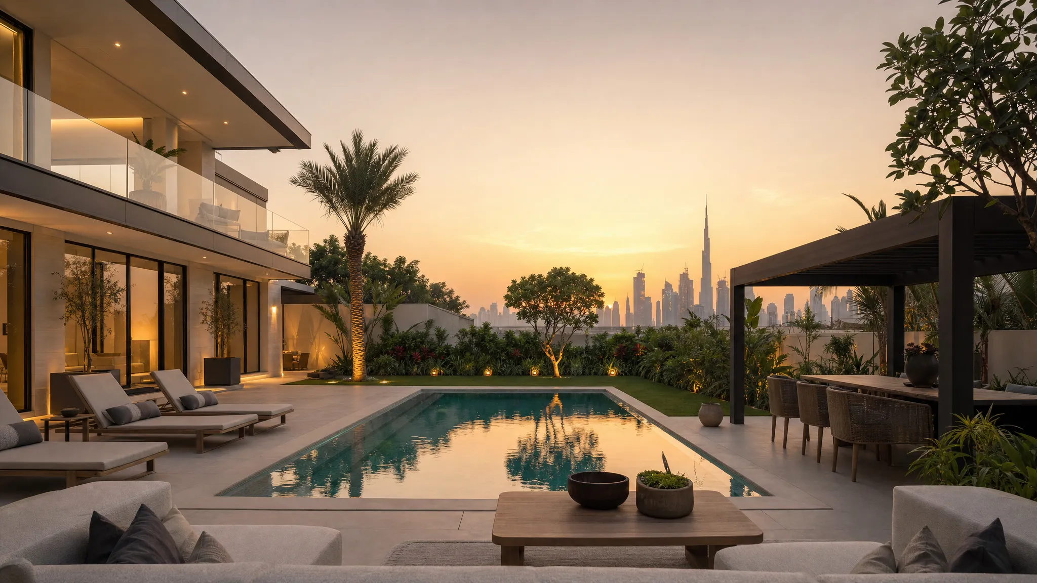 A contemporary Dubai luxury estate with a private pool, landscaped garden, shaded outdoor dining area, and distant skyline views at sunset.
