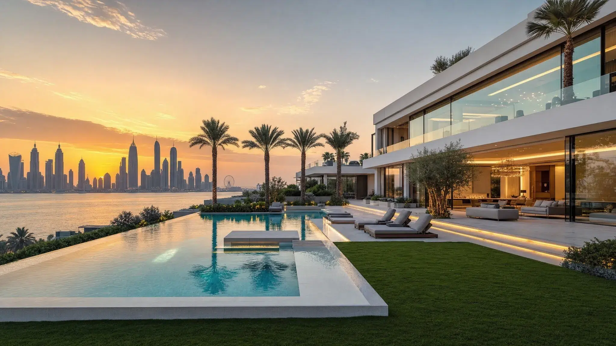 A contemporary luxury mansion in Dubai with landscaped gardens, a private pool, wide glass facades, and views toward a waterfront skyline at sunset.