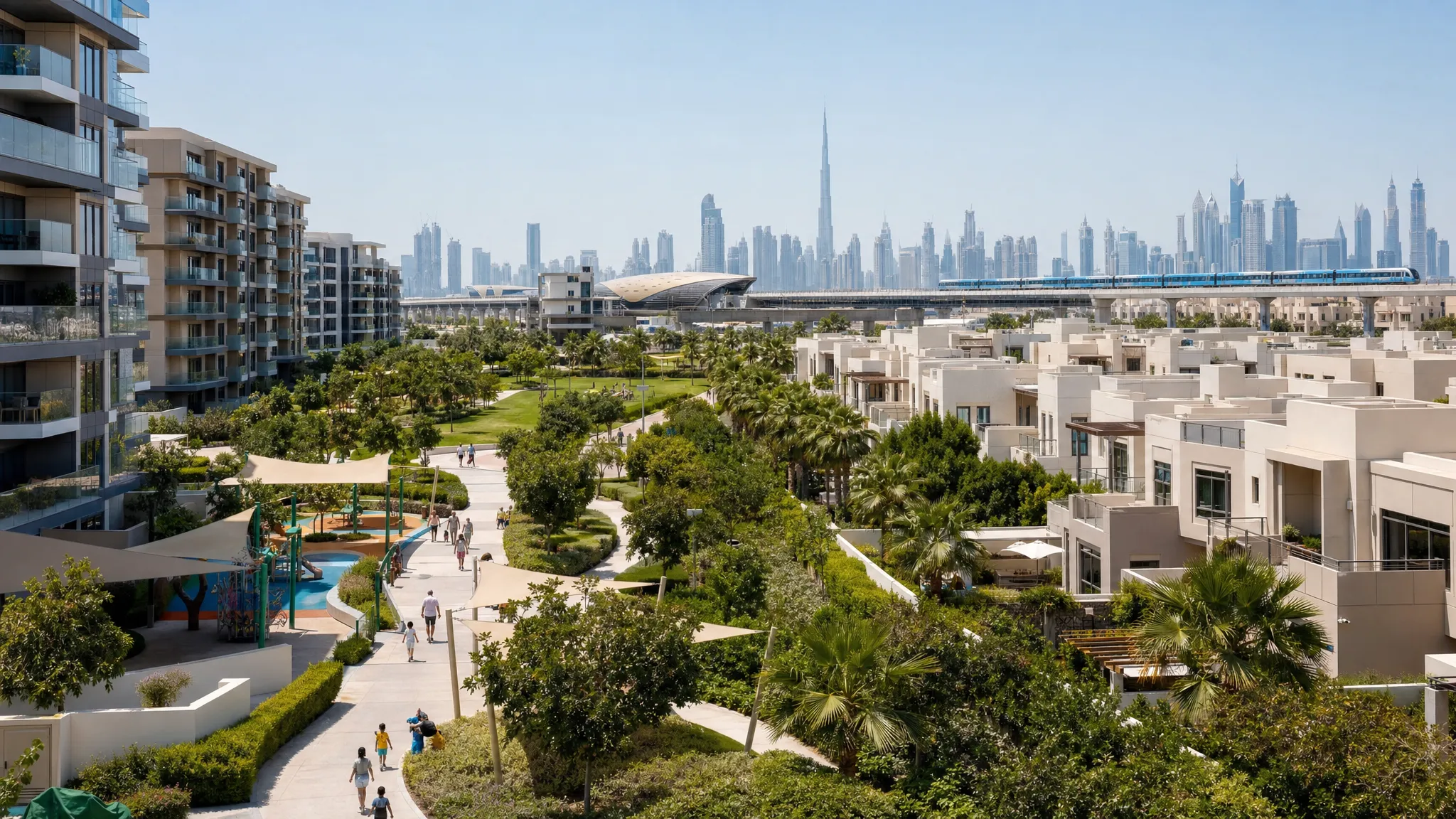 A Dubai residential community with apartment towers, villas, shaded walkways, green parks, and a metro line in the distance, showing the mix of housing, transport, and amenities buyers compare when choosing an area.
