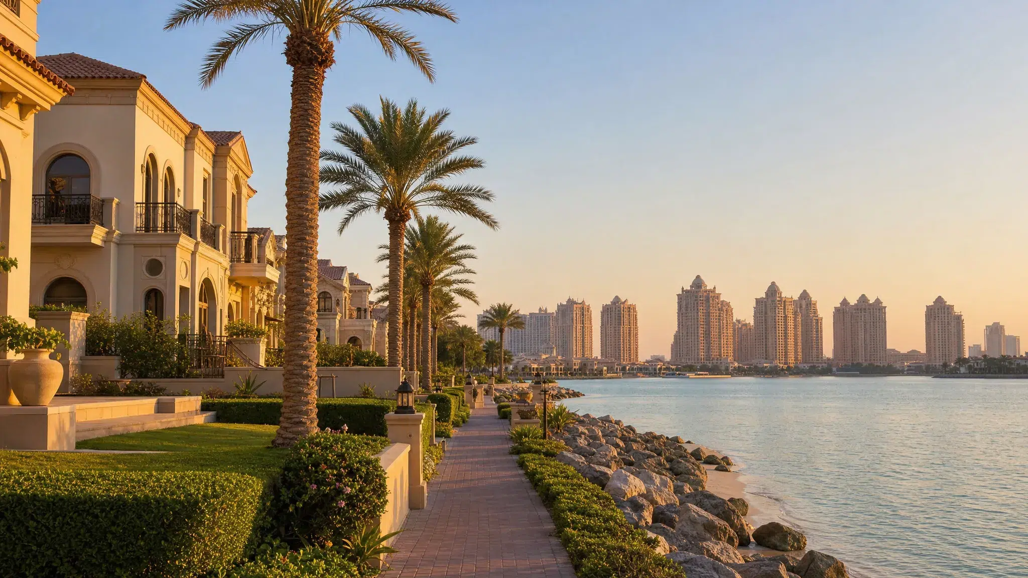 A luxury Dubai waterfront neighborhood with villas on the shore, a pedestrian promenade, palm trees, and distant residential towers across the water in warm evening light, with no people visible.