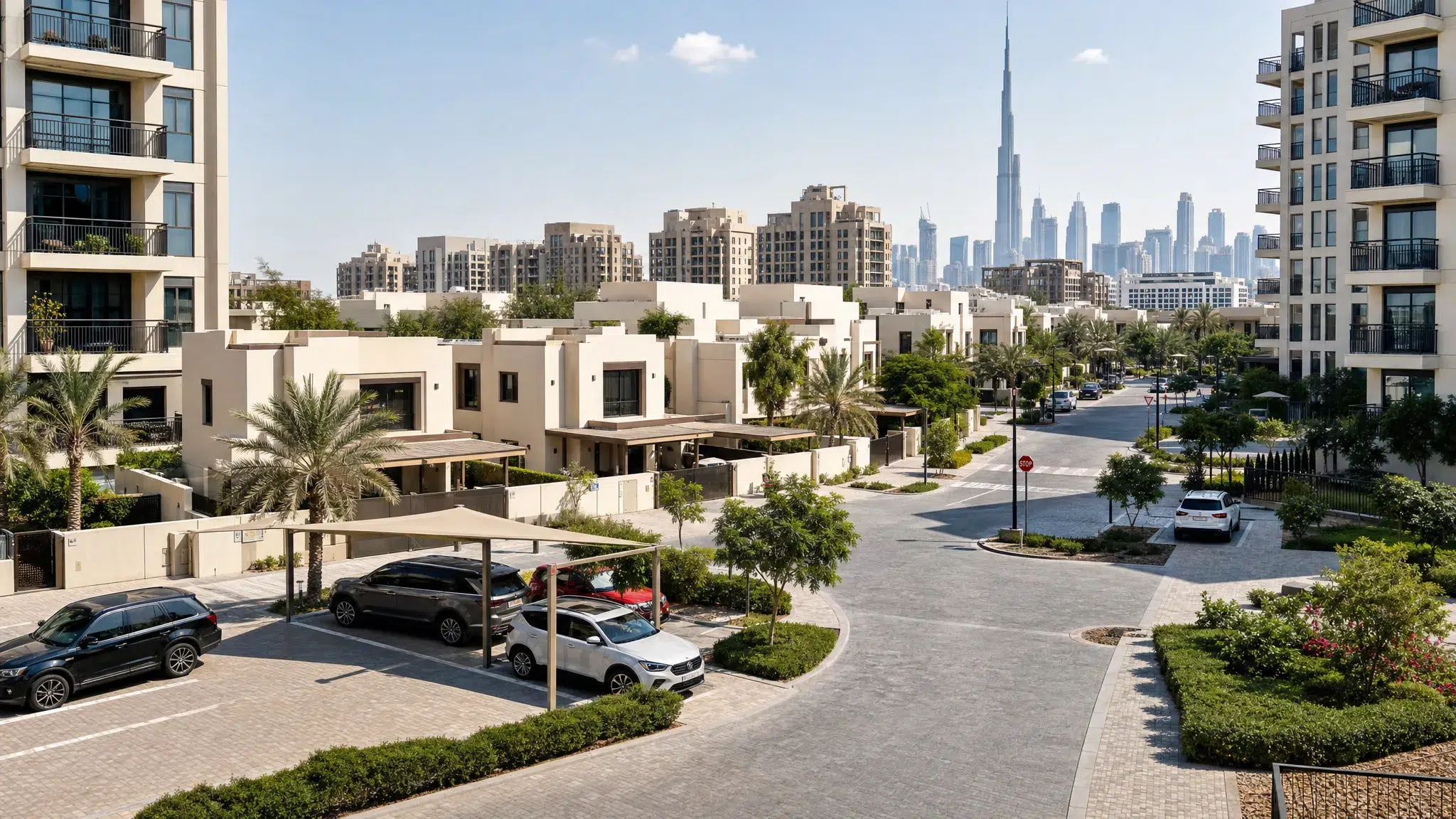 A modern Dubai residential community with villas, apartment towers, landscaped walkways, parked cars, and clear views of surrounding streets, showing the practical details buyers inspect beyond listing photos.