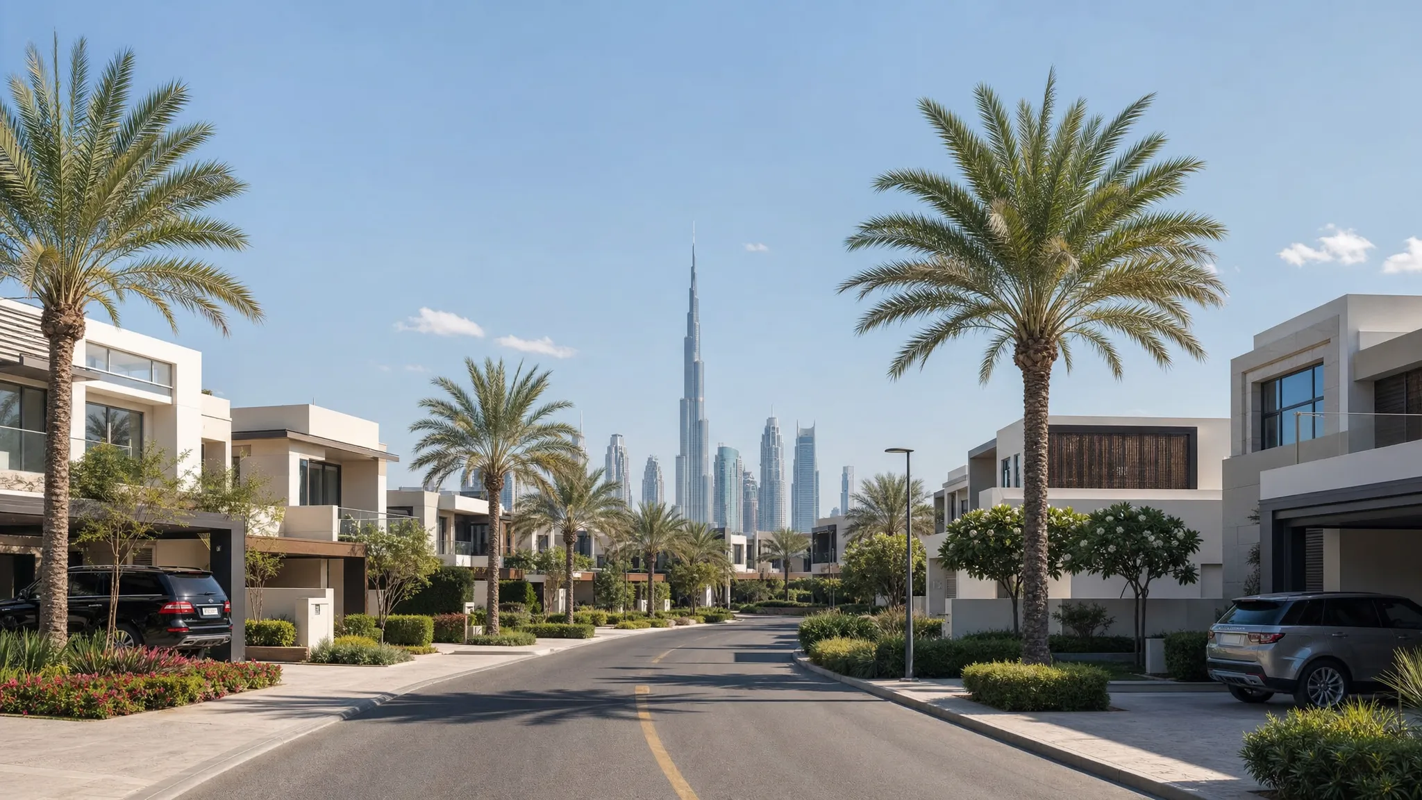A modern Dubai villa community with landscaped streets, townhouses and detached villas, palm trees, private driveways, and a clear skyline in the distance.