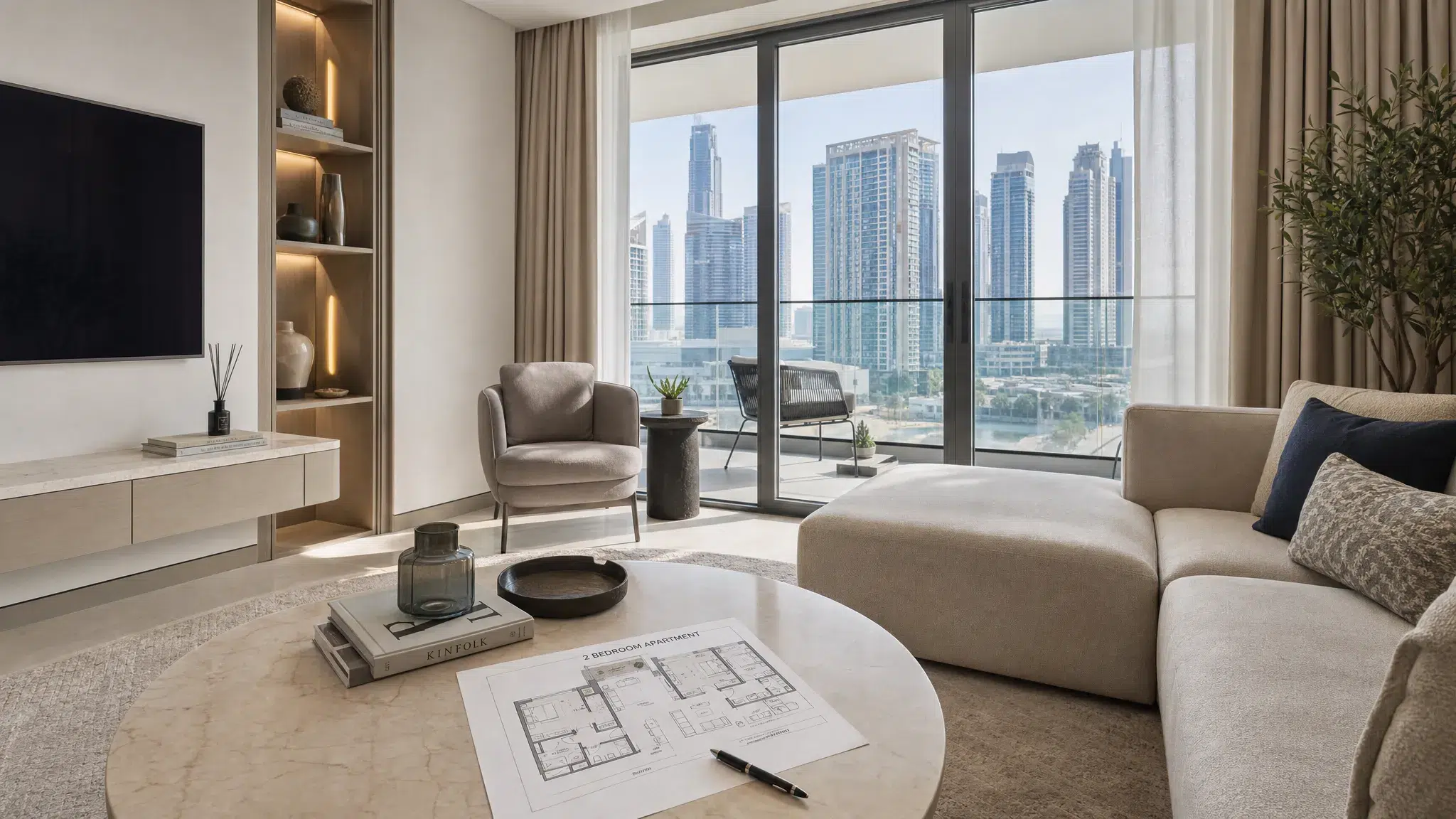 A modern UAE apartment living room with a balcony view of high-rise towers, natural light, and a floor plan document on the table for comparison.