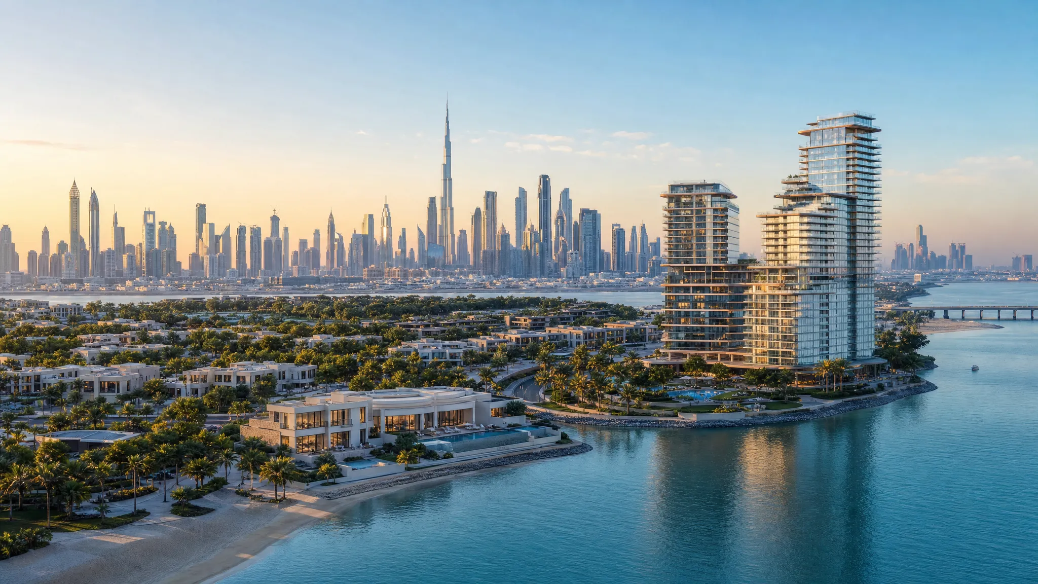 A panoramic view of Dubai luxury real estate with waterfront villas, high-rise branded residences, landscaped communities, and the skyline in the background.