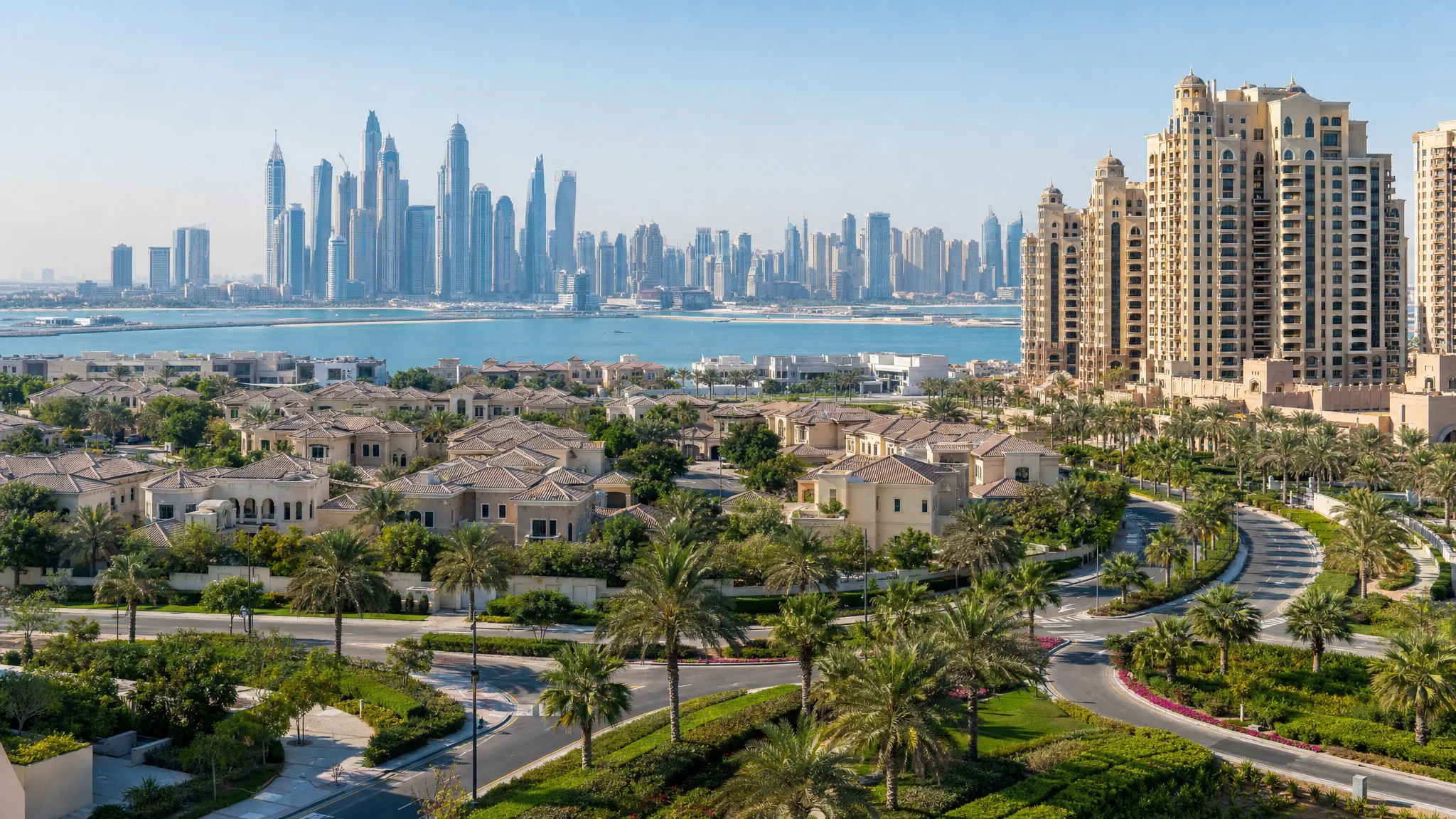 A panoramic view of Dubai residential real estate with apartment towers, villa communities, landscaped streets, and waterfront buildings under a clear sky.