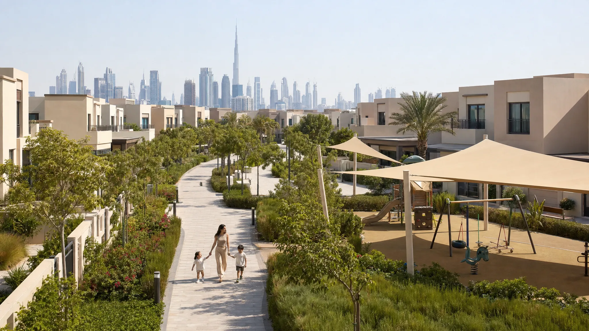 A quiet Dubai townhouse community with landscaped walkways, shaded play areas, low-rise homes, and a distant skyline beyond the neighborhood, showing the kind of residential area attracting growing buyer demand.