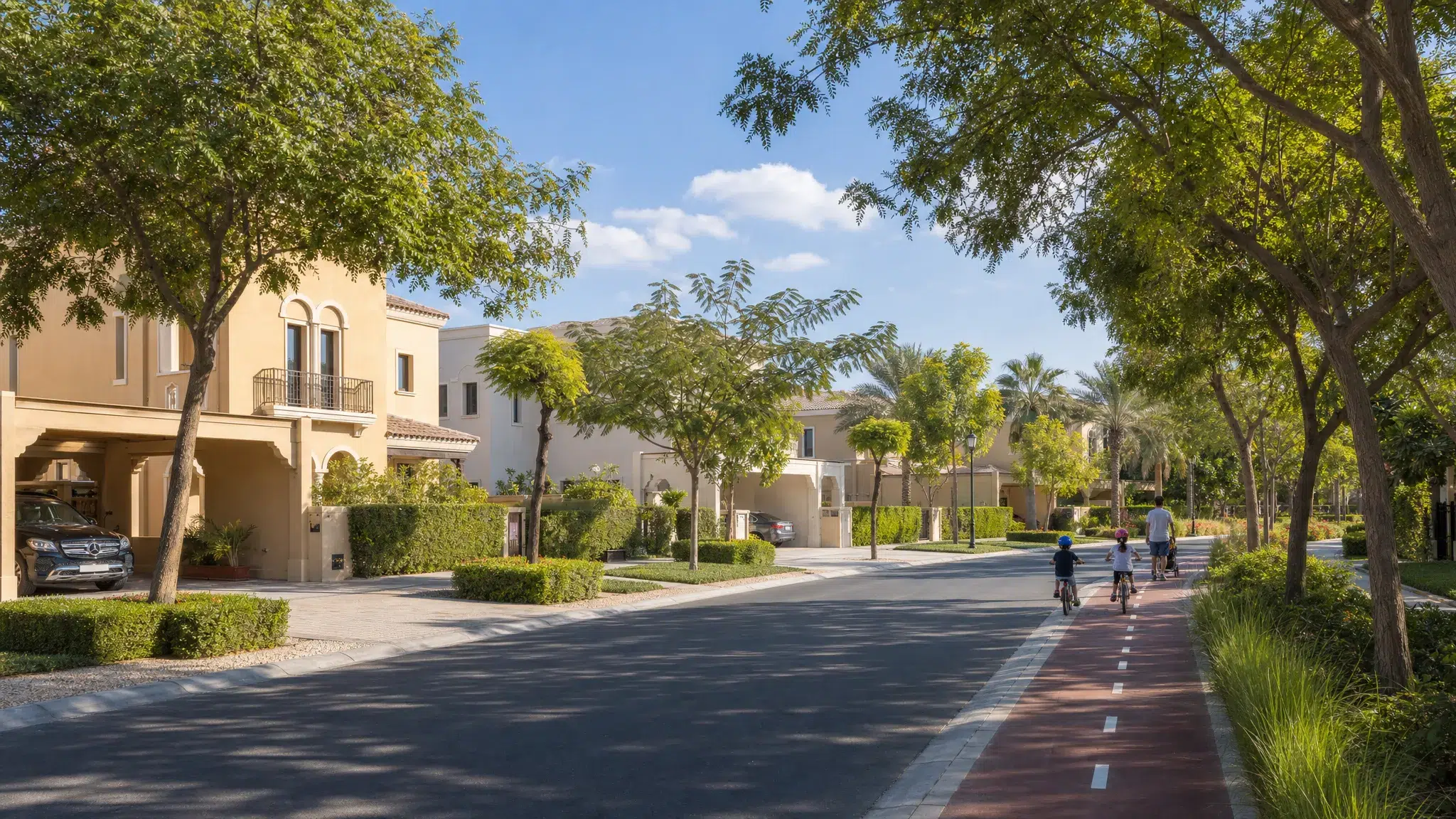 A quiet tree-lined street in Arabian Ranches Dubai with spacious villas, landscaped gardens, a cycling path, and a family-friendly suburban community atmosphere.