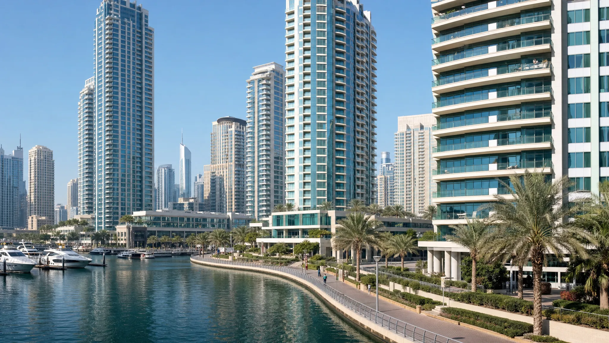 A waterfront Dubai apartment district with high-rise towers, a curved promenade, marina water in the foreground, and landscaped paths linking the buildings, representing off-plan investment areas.