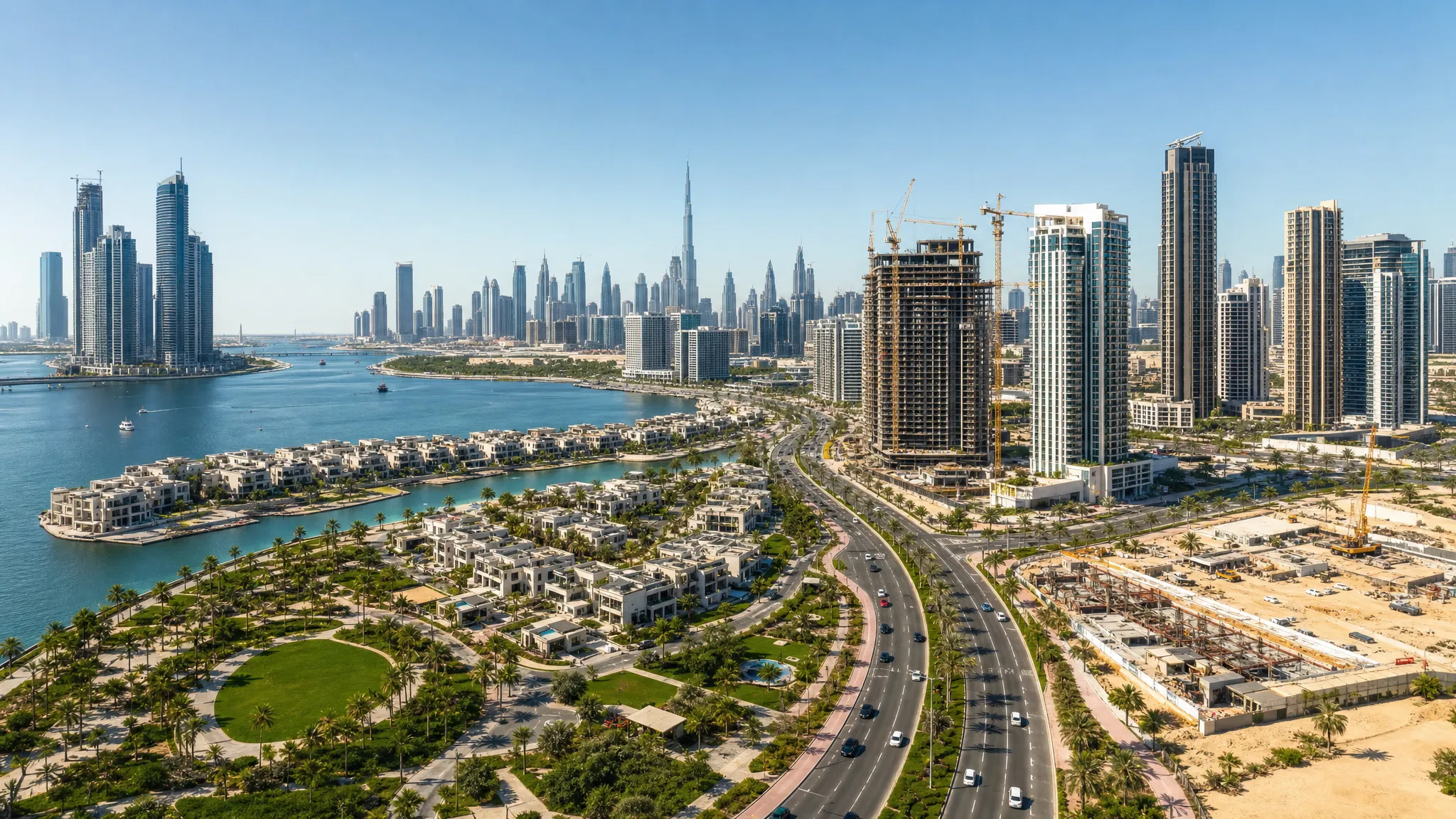 A wide outdoor panorama of Dubai showing waterfront towers, villa neighborhoods, construction cranes, landscaped parks, and major roads, representing a diverse real estate market in 2026.