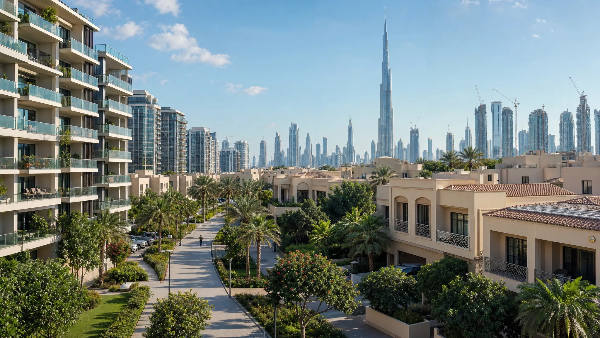 A wide outdoor scene of a Dubai neighborhood with apartment towers, villas, landscaped walkways, and a skyline view in the distance, showing the kinds of homes buyers compare for long-term value.