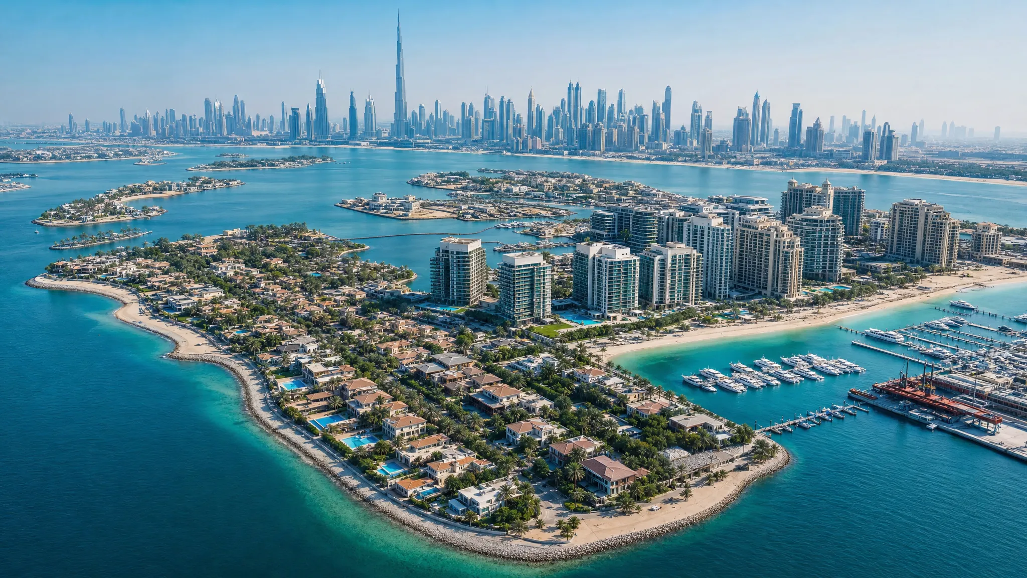 Elevated aerial view of Dubai luxury neighborhoods, showing waterfront towers, beachside villas, marina water, and the city skyline beyond.