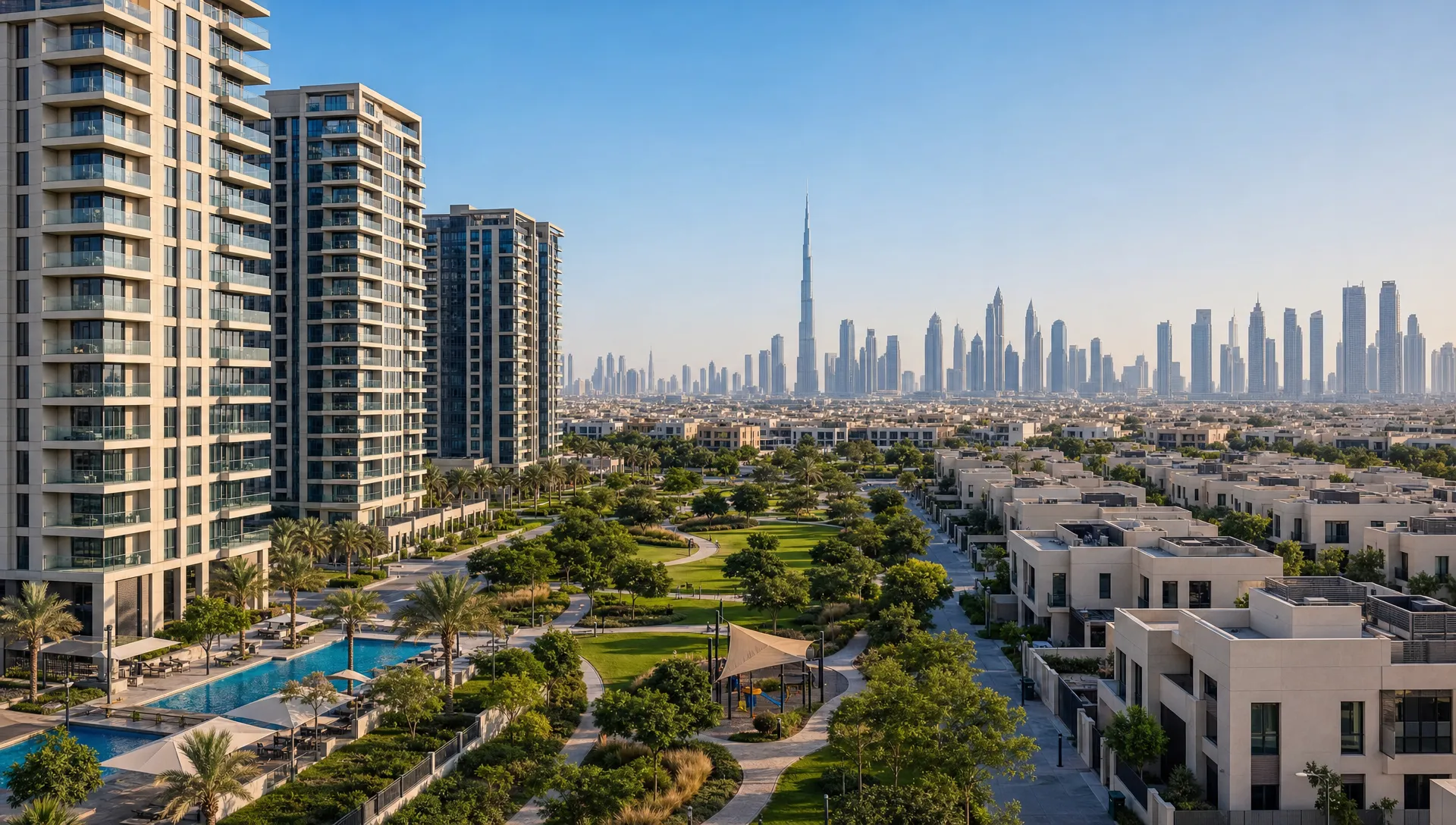 A balanced Dubai residential scene showing apartment towers, townhouse rows, landscaped parks, and a distant skyline, representing the different property options buyers compare for price, lifestyle, and long-term demand.