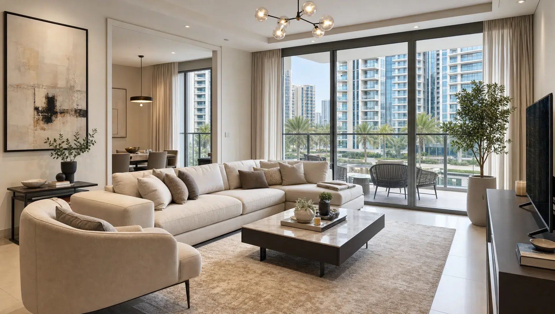 A bright, well-staged Dubai apartment living room with neutral furniture, clean surfaces, large windows, and a balcony view of modern residential towers, seen from the corner of the room looking toward the seating area.