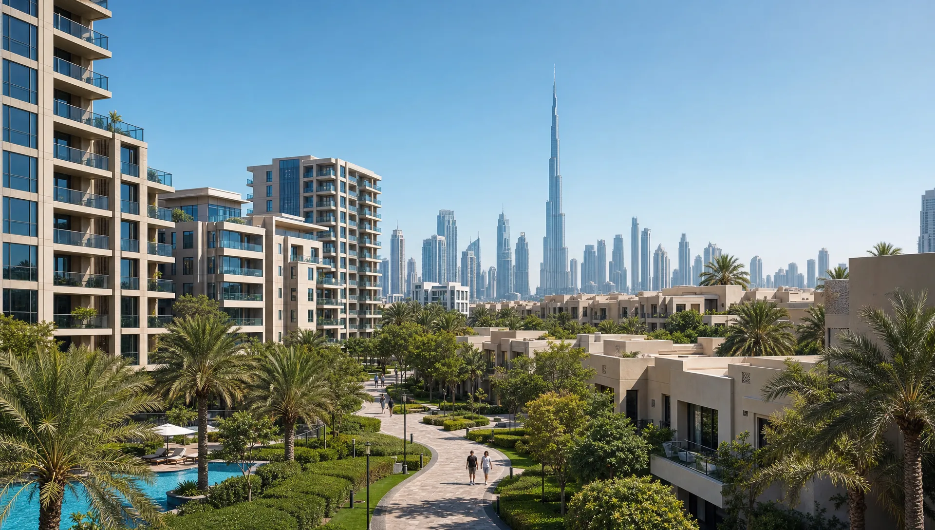 A broad Dubai freehold community scene with apartment towers, villas, landscaped walkways, and a clear skyline in the distance, showing the kind of approved area international buyers can purchase in.