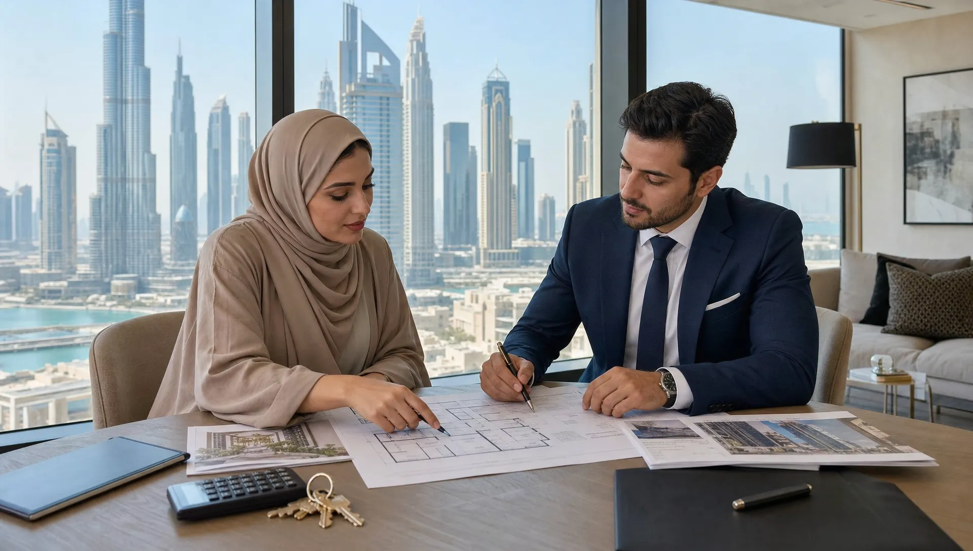A buyer and real estate agent reviewing property documents on a table inside a Dubai apartment, with floor plans, keys, a calculator, and a city skyline view through the window.