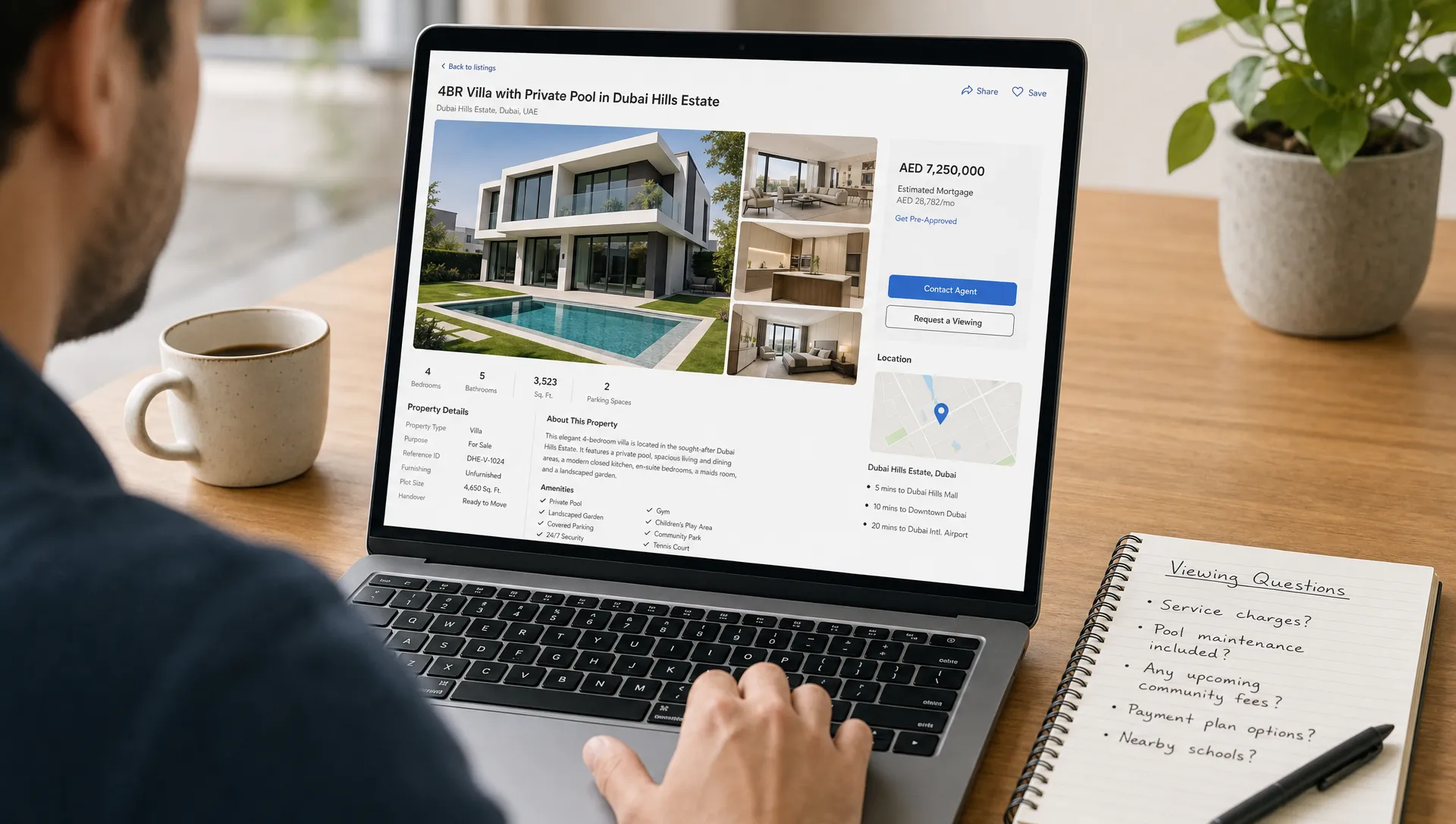 A buyer reviewing a detailed UAE house listing on a laptop with property photos, floor plan, price details, and location notes visible on the screen, with a notebook beside the laptop for viewing questions.