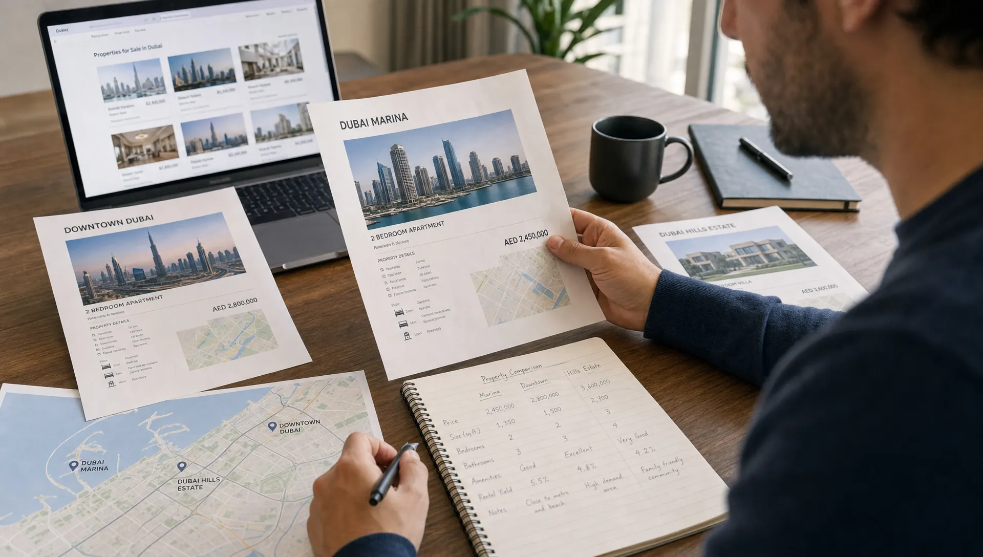 A buyer reviewing printed property listings, a neighborhood map, and notes on pricing and property details while comparing homes in Dubai.