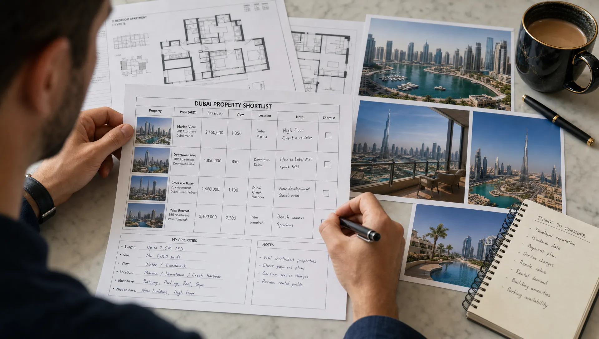A buyer reviews Dubai property listings with a printed checklist, floor plans, and property photos spread across a table, with handwritten notes on price, size, view, and location.