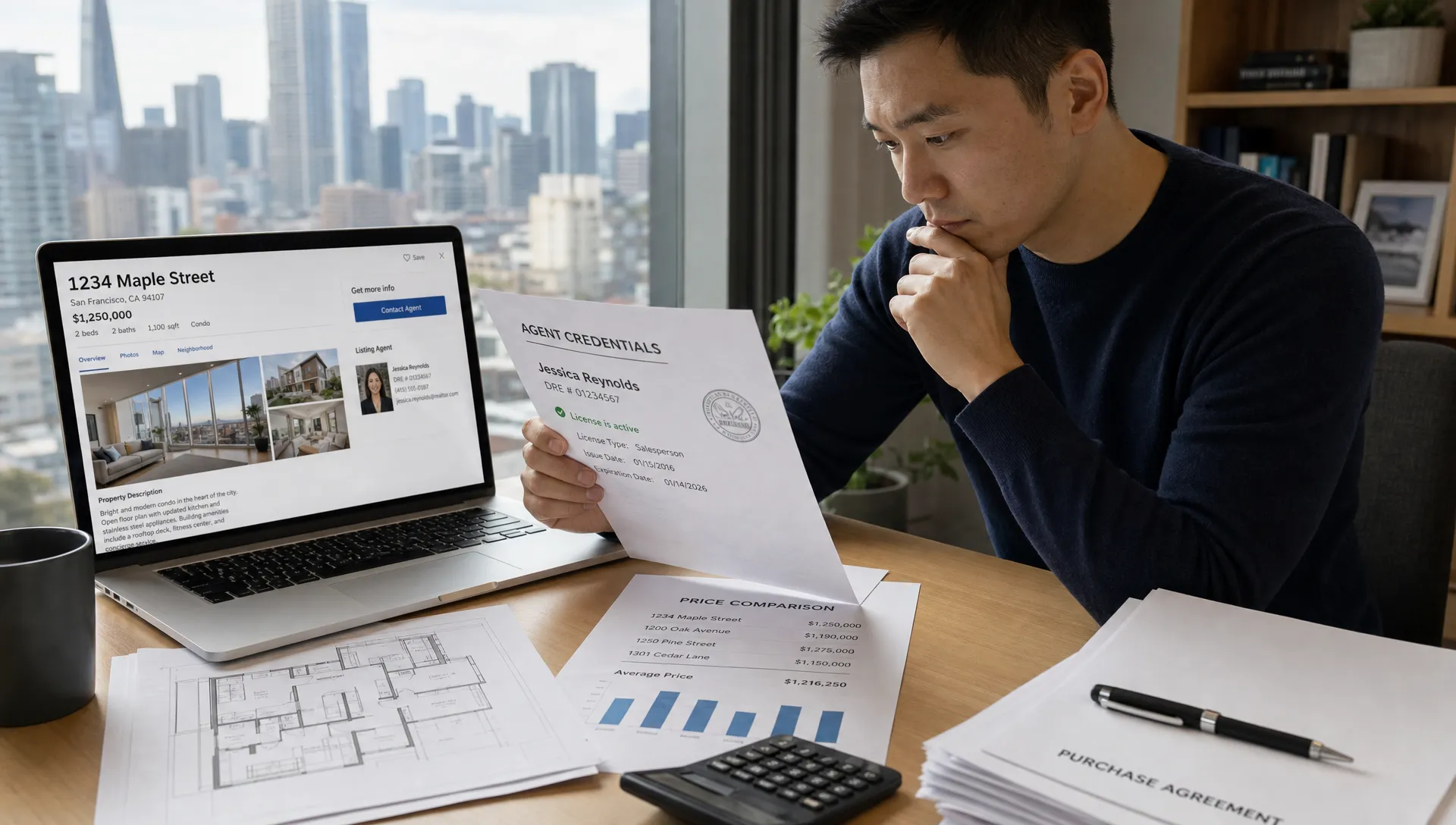 A cautious homebuyer reviewing property listing details, agent credentials, price comparisons, and document checks on a desk with a laptop, printed floor plan, calculator, and city skyline in the background.