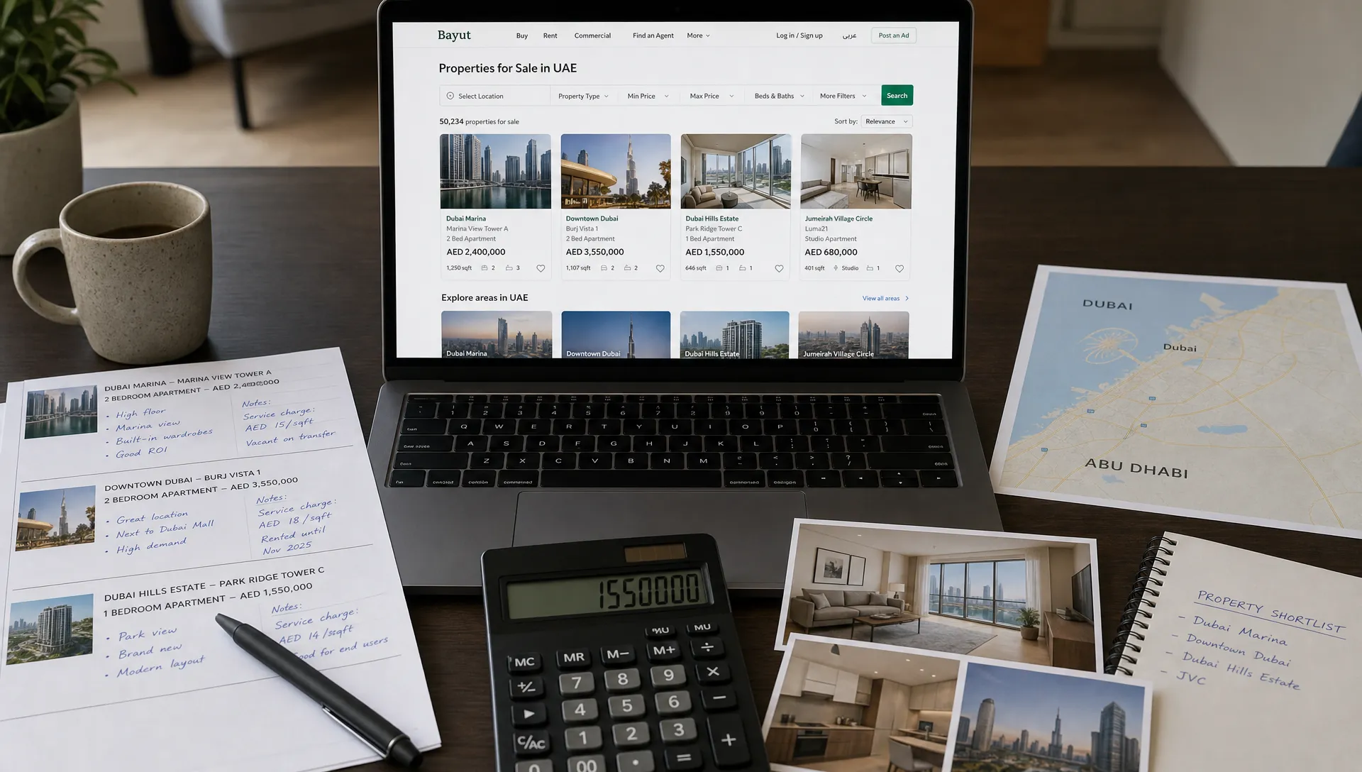 A close-up indoor scene of a property research workspace, with a laptop facing the camera showing a UAE property search page, printed listing notes, a calculator, apartment photos, and a small map of Dubai and Abu Dhabi arranged across the desk.