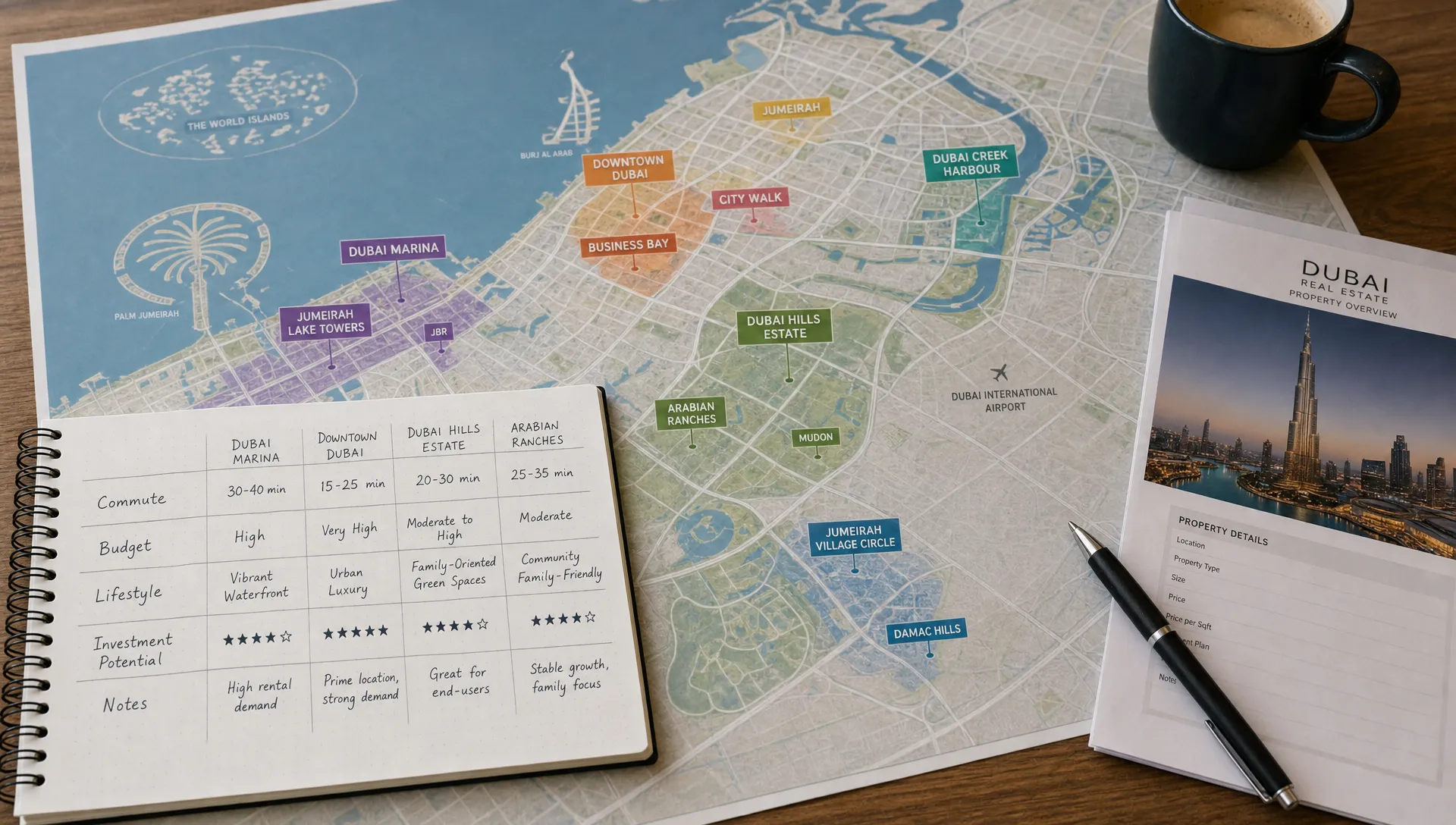 A detailed tabletop map of Dubai neighborhoods with colored area markers, property documents, and a notebook comparing commute, budget, lifestyle, and investment factors.