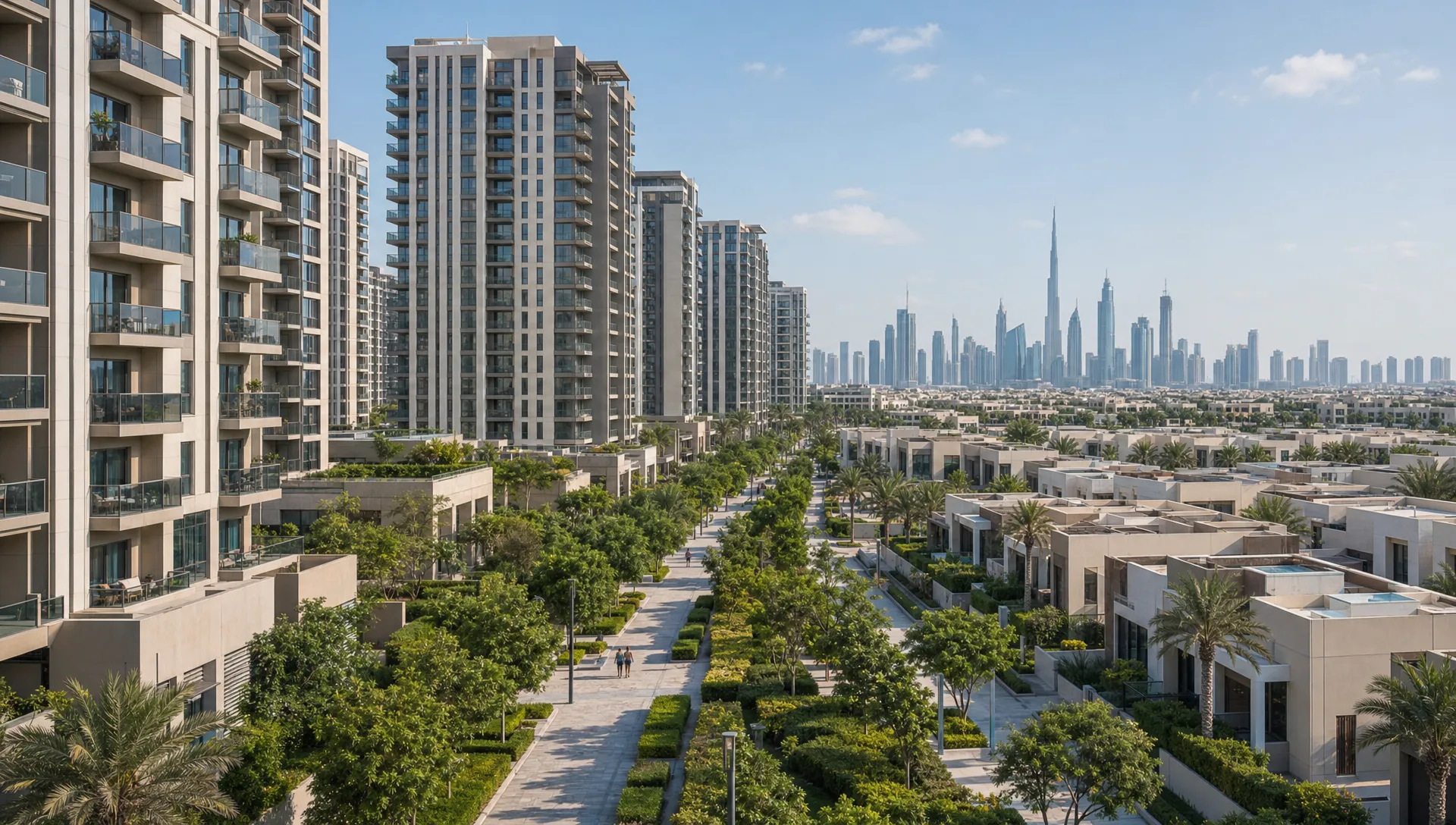 A Dubai residential district with apartment towers, landscaped walkways, townhouses, and villas in the distance, showing property options across different budget ranges.