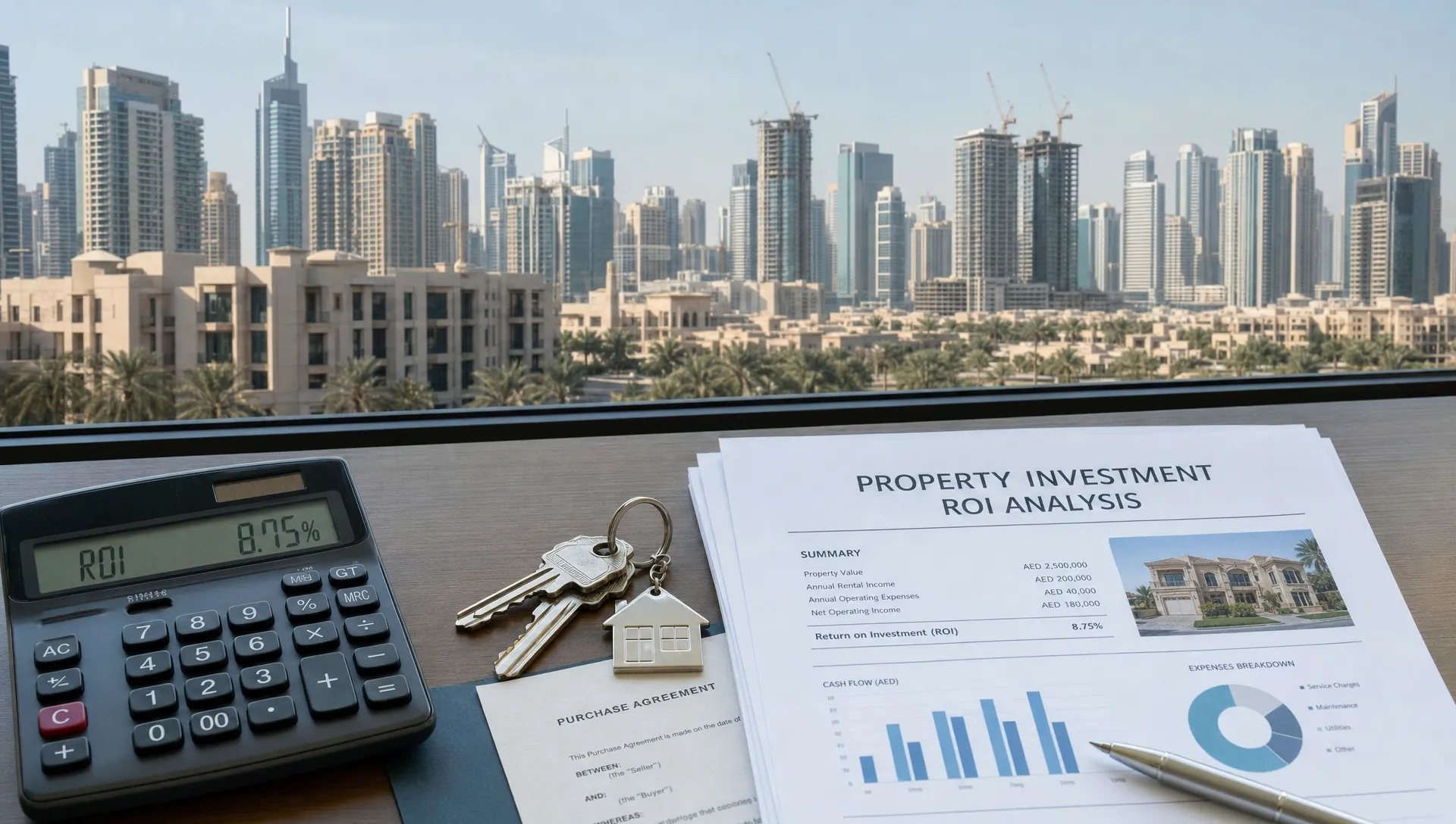 A Dubai residential skyline with apartment towers, villas, and construction cranes in the distance, with keys, a calculator, and property documents in the foreground representing real estate ROI analysis.