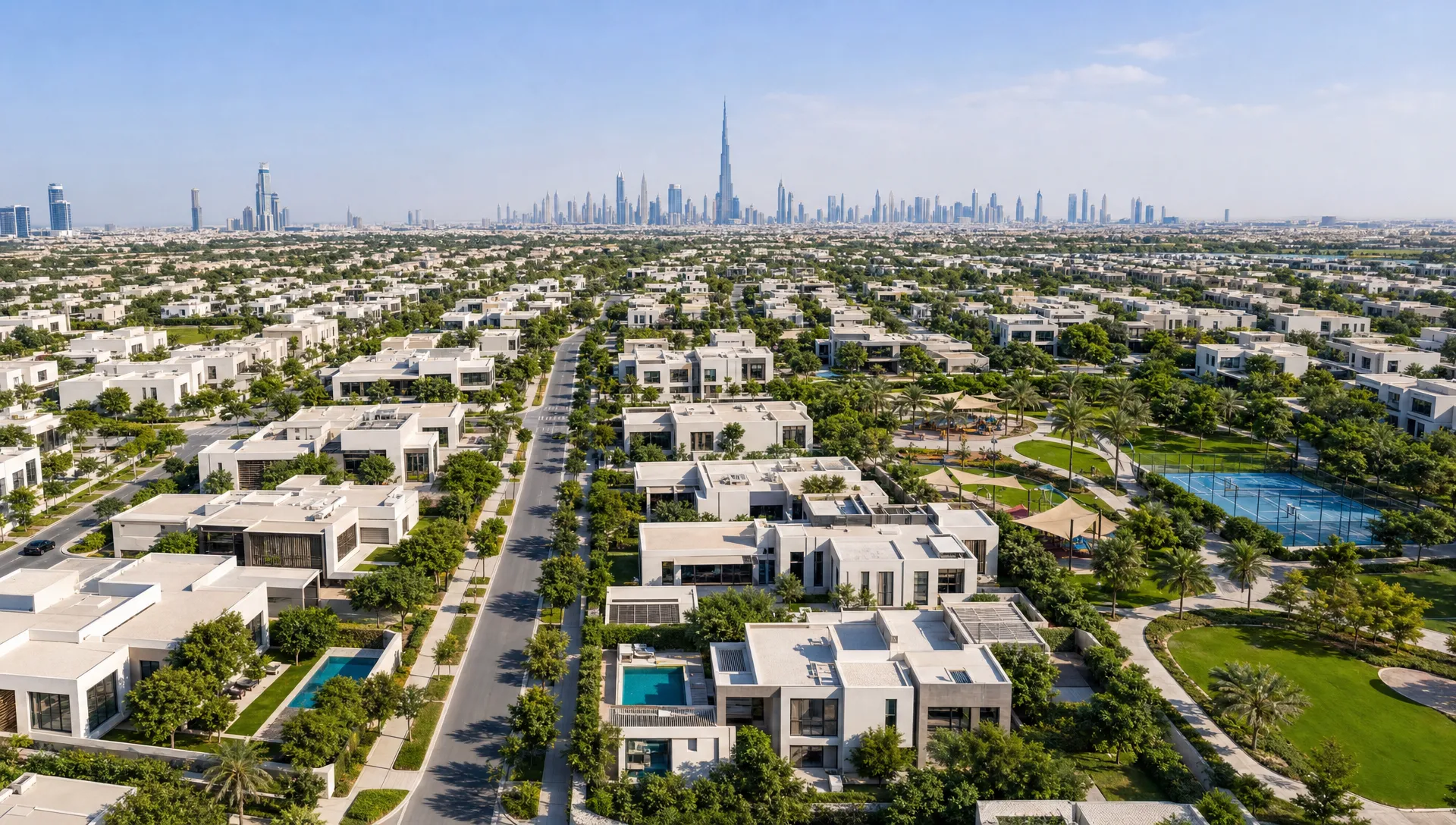 A Dubai villa community with landscaped streets, private gardens, swimming pools, and family-friendly parks, seen from an overhead angle with the skyline in the distance.