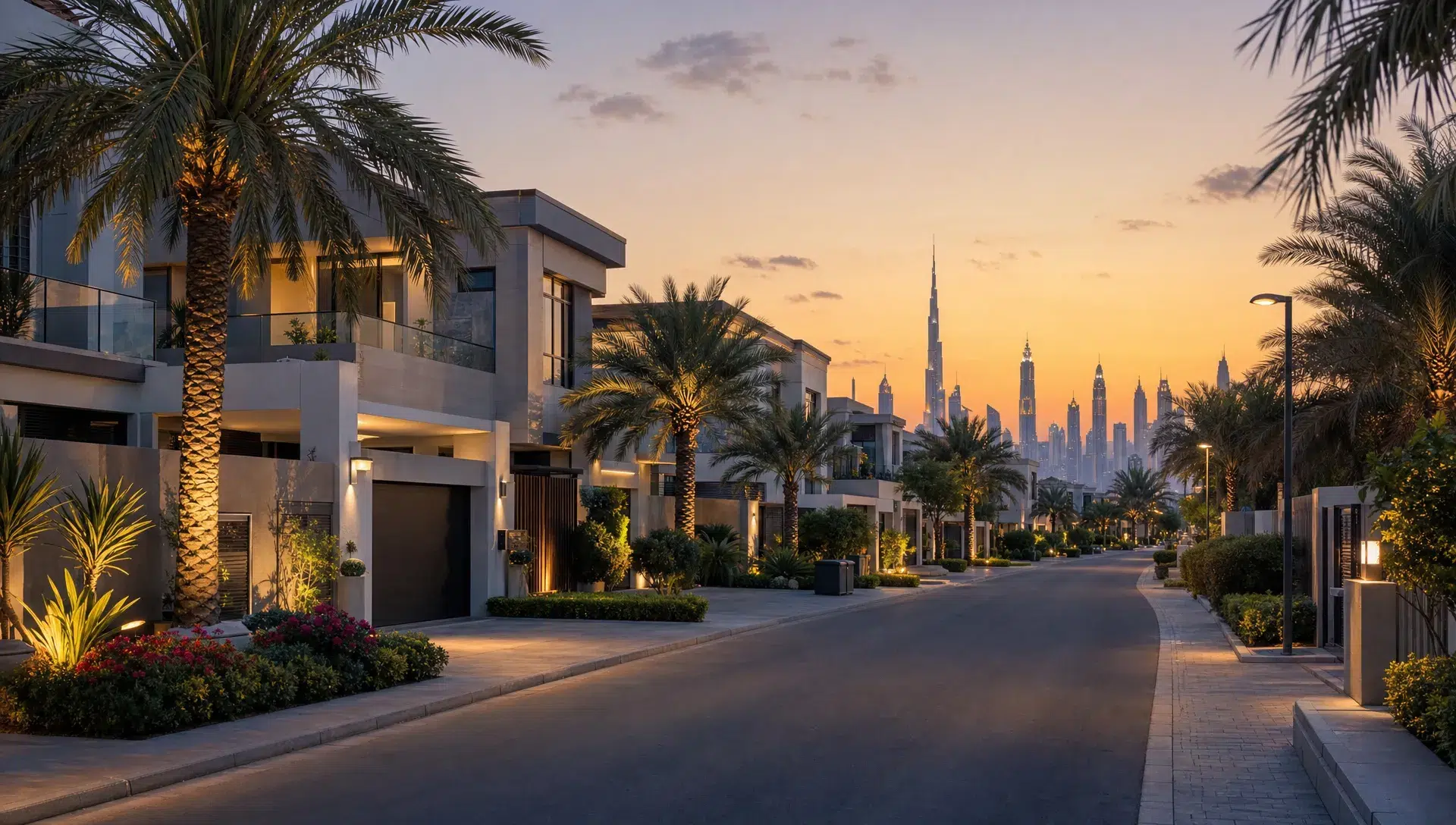A Dubai villa street at dusk with modern detached homes, palm-lined sidewalks, landscaped front gardens, and a distant skyline beyond low-rise rooftops.