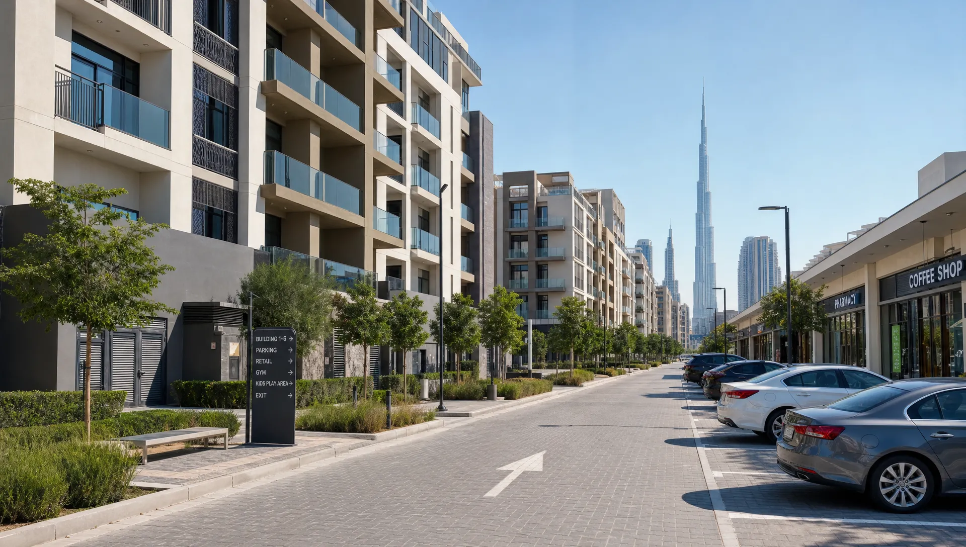 A modern Dubai apartment building with balconies, landscaped walkways, parked cars, and nearby community shops, showing a practical residential neighborhood for monthly renters.