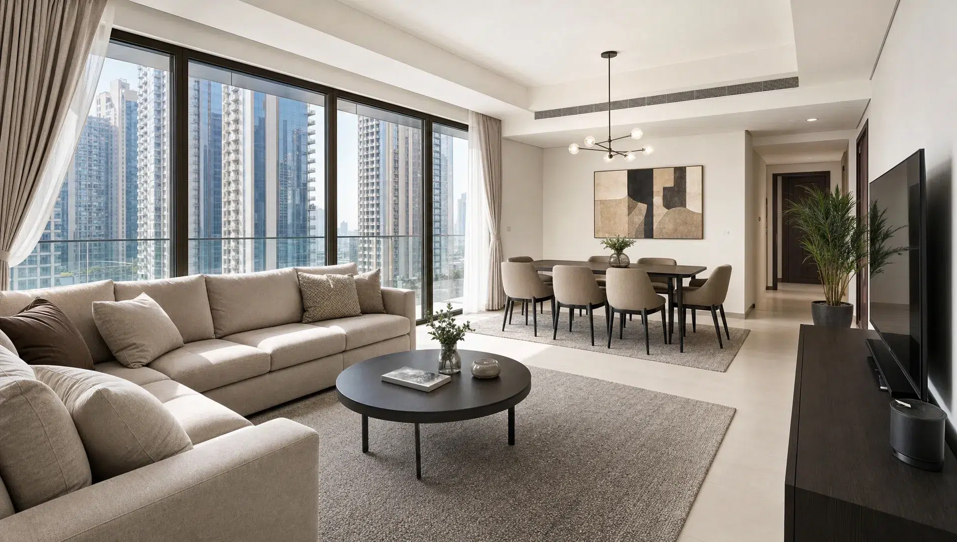 A modern Dubai apartment living room with large windows overlooking city towers, a dining area, neutral furniture, and natural daylight suggesting a ready-to-rent investment property.