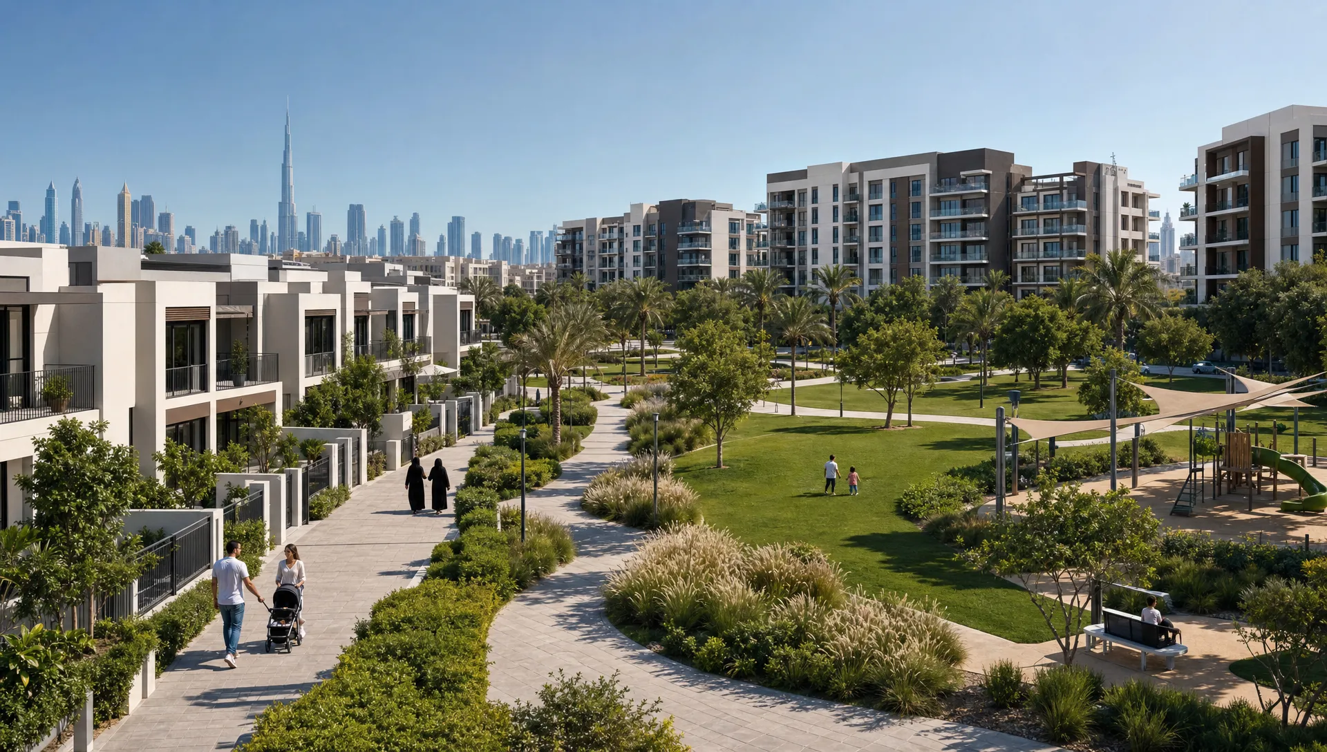A modern Dubai family community with townhouses, landscaped parks, walking paths, and mid-rise apartment buildings in the background under a clear sky.
