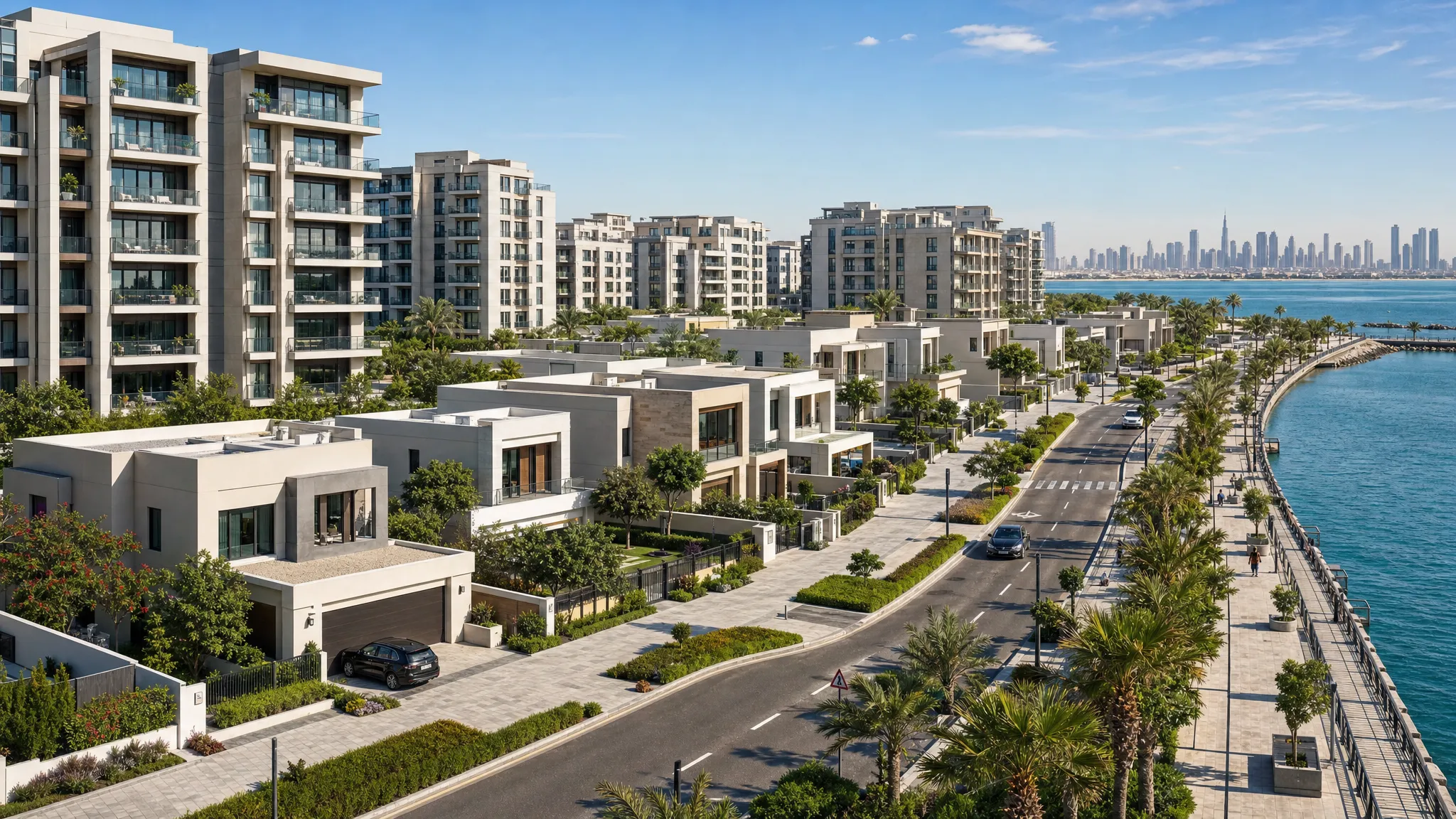 A modern UAE residential district with apartment towers, villas, landscaped streets, and a waterfront promenade, showing different property types and neighborhood features side by side.