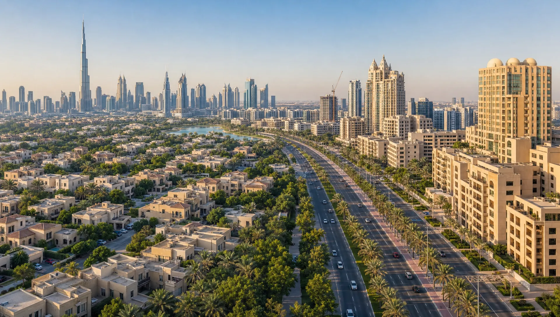 A panoramic outdoor view of Dubai residential communities with villas, apartment towers, landscaped streets, and a major road network connecting different districts, showing how investors compare location, lifestyle, and infrastructure trends.
