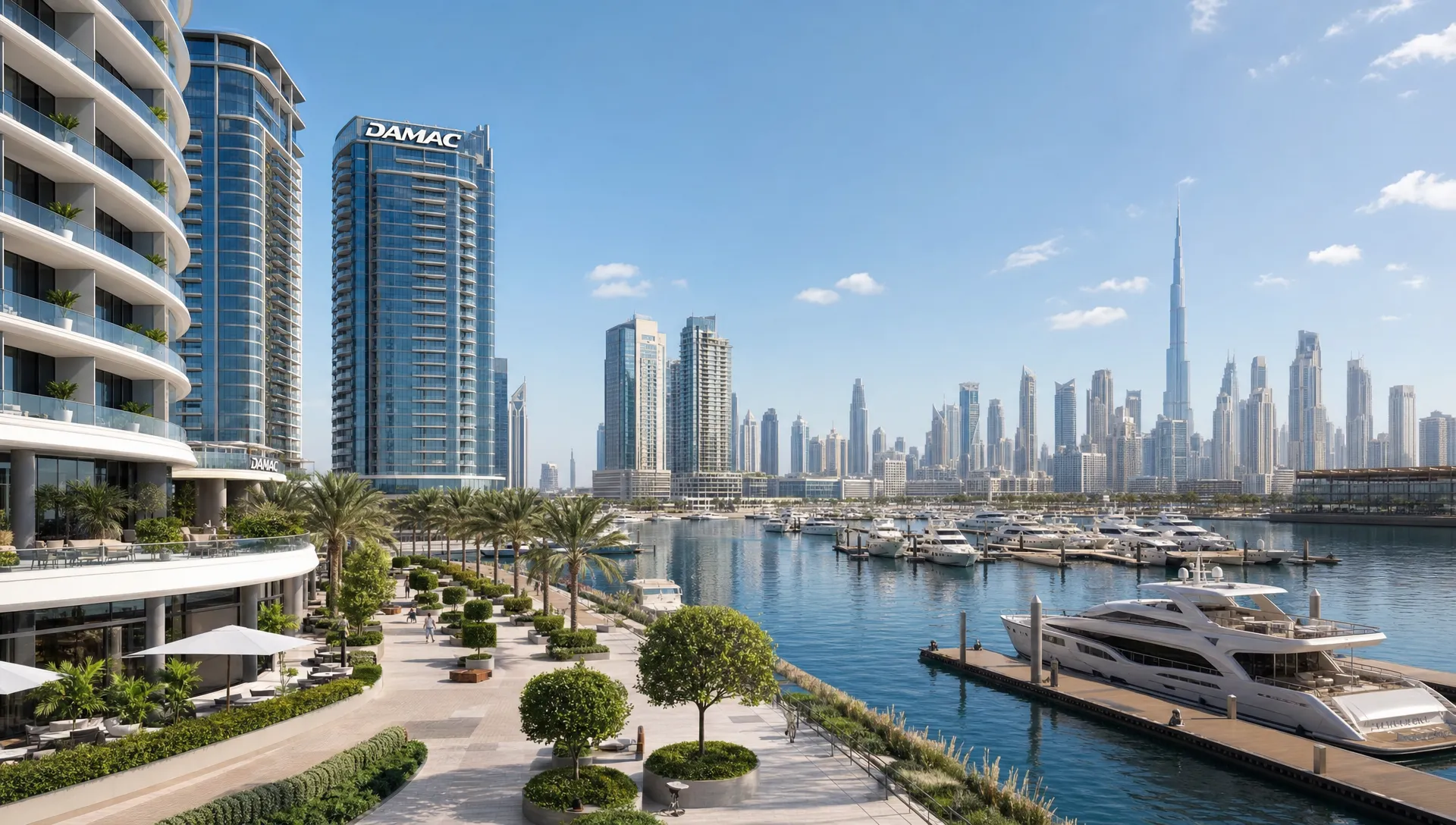 A panoramic outdoor view of Dubai waterfront residences with luxury towers, marina berths, landscaped promenades, and distant skyline landmarks, representing premium DAMAC Dubai investment locations.