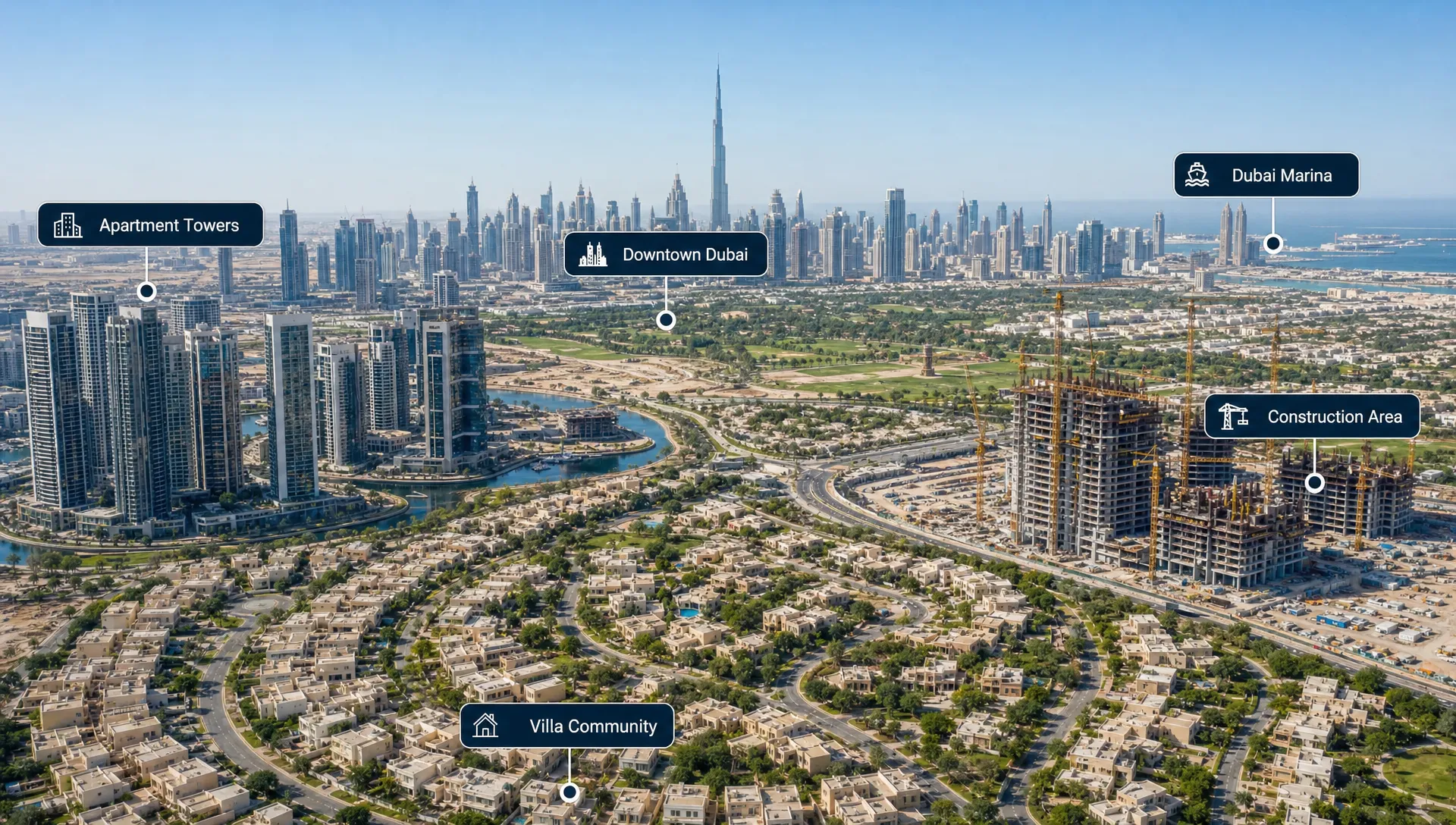 A panoramic view of Dubai showing apartment towers, villa communities, construction cranes, and location markers across different property zones in the city.