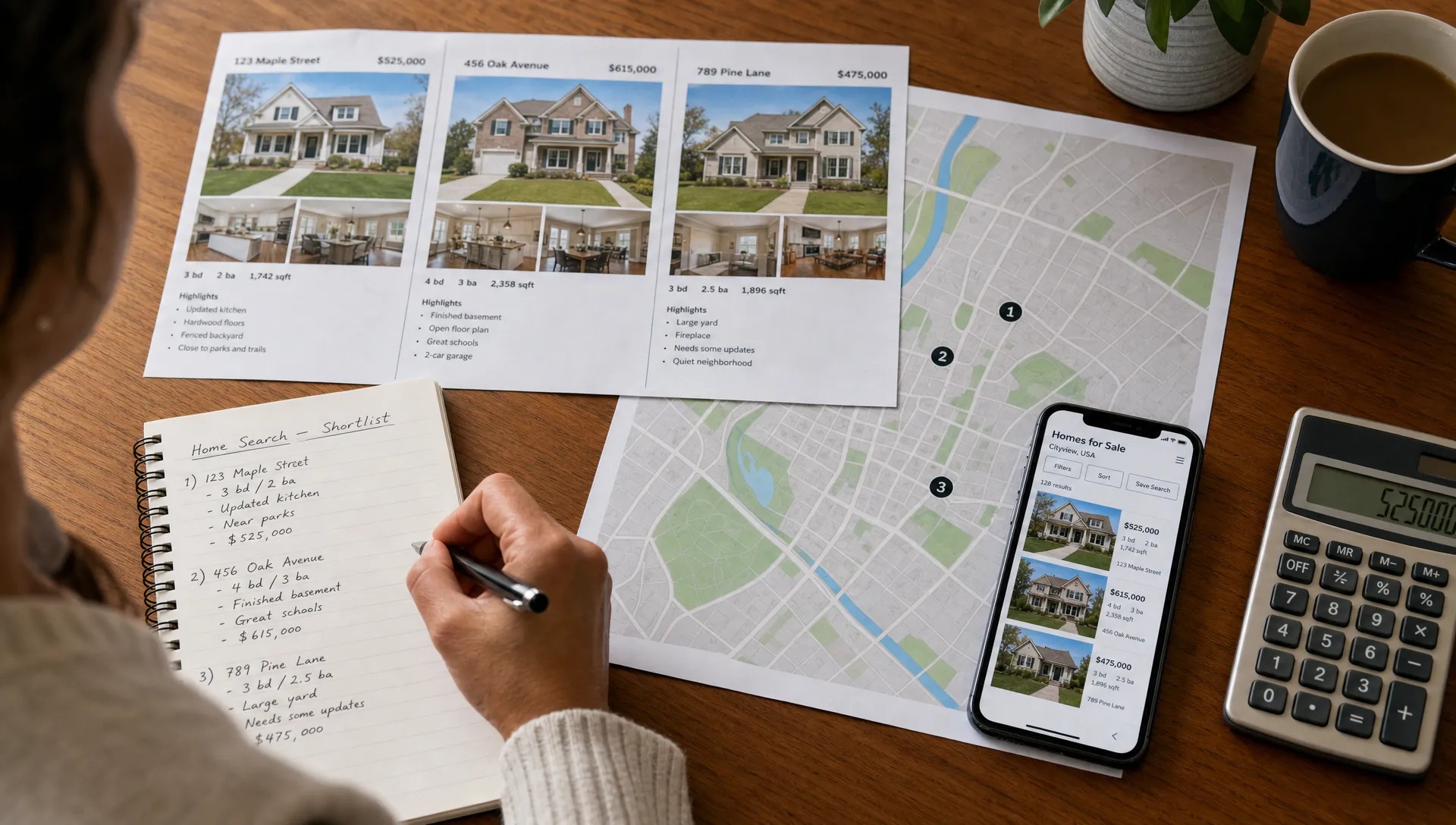 A property buyer comparing a shortlist of homes on a table with a neighborhood map, printed listing notes, a calculator, and a phone showing a property search page with the screen facing upward.