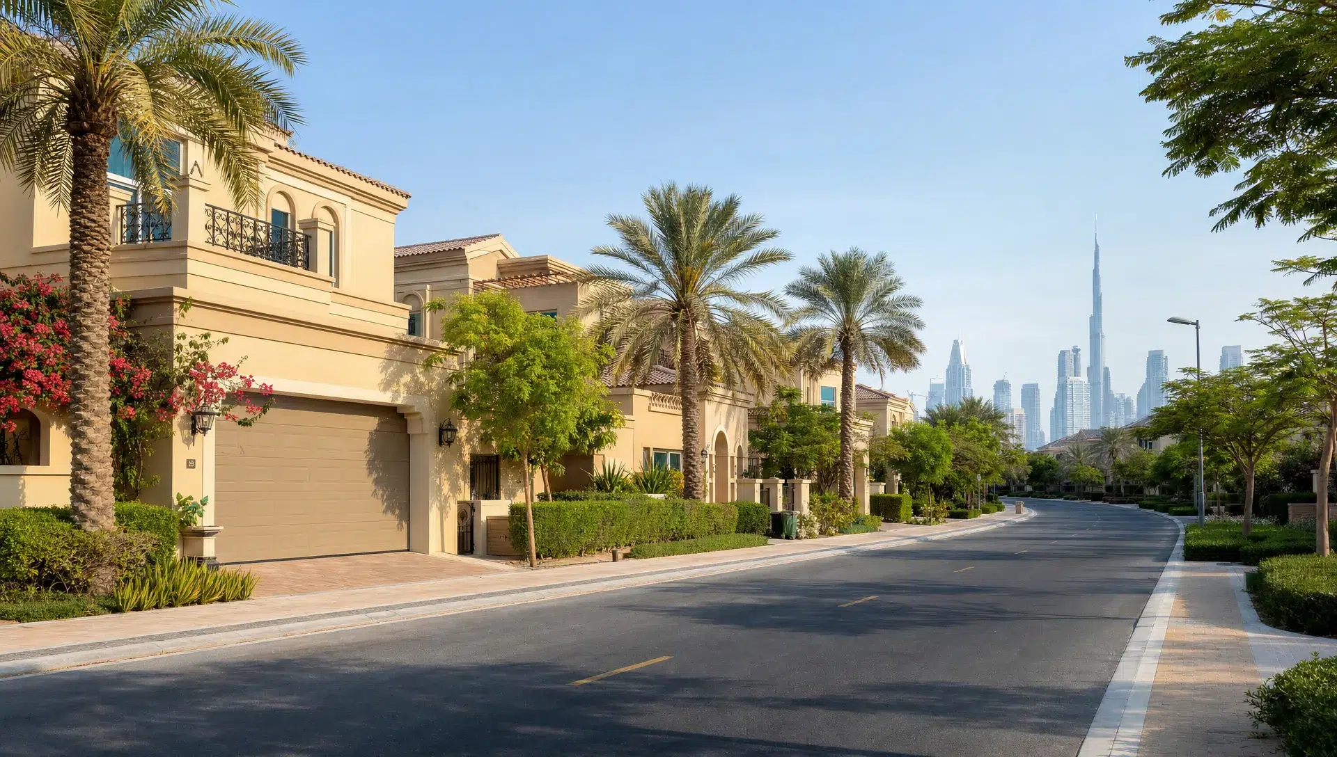 A quiet Dubai villa street with detached homes, landscaped sidewalks, palm trees, private gardens, and a distant skyline, showing a calm residential setting with long-term family appeal.