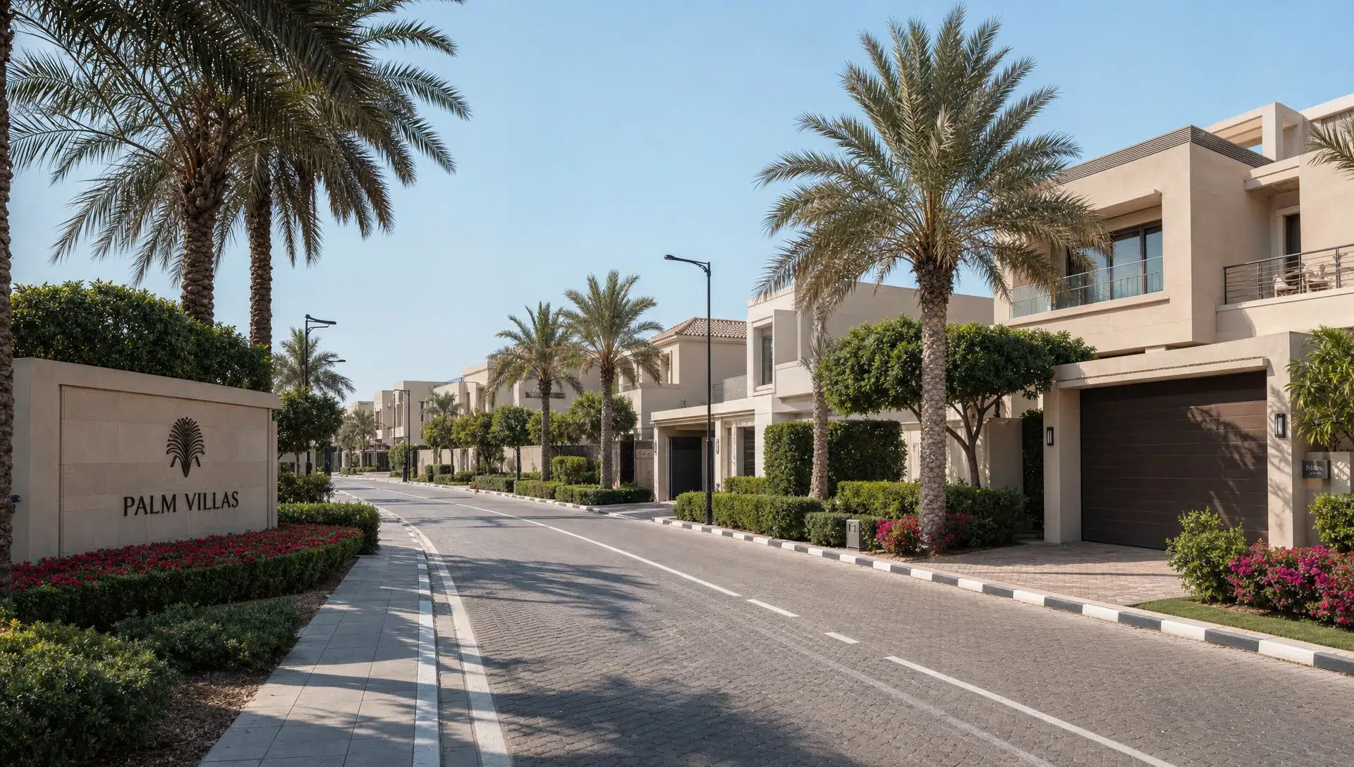 A quiet Dubai villa street with palm-lined sidewalks, private gardens, and modern detached homes under clear sunlight, viewed from street level near the entrance to the community.