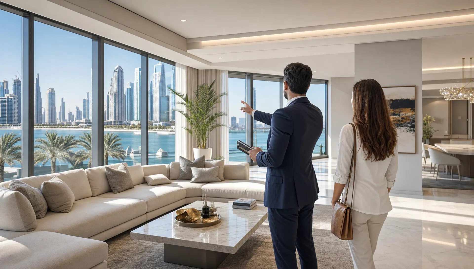 A real estate agent and a prospective buyer stand in a bright villa living room in Dubai, looking toward the windows, floor plan flow, and room layout during a viewing.