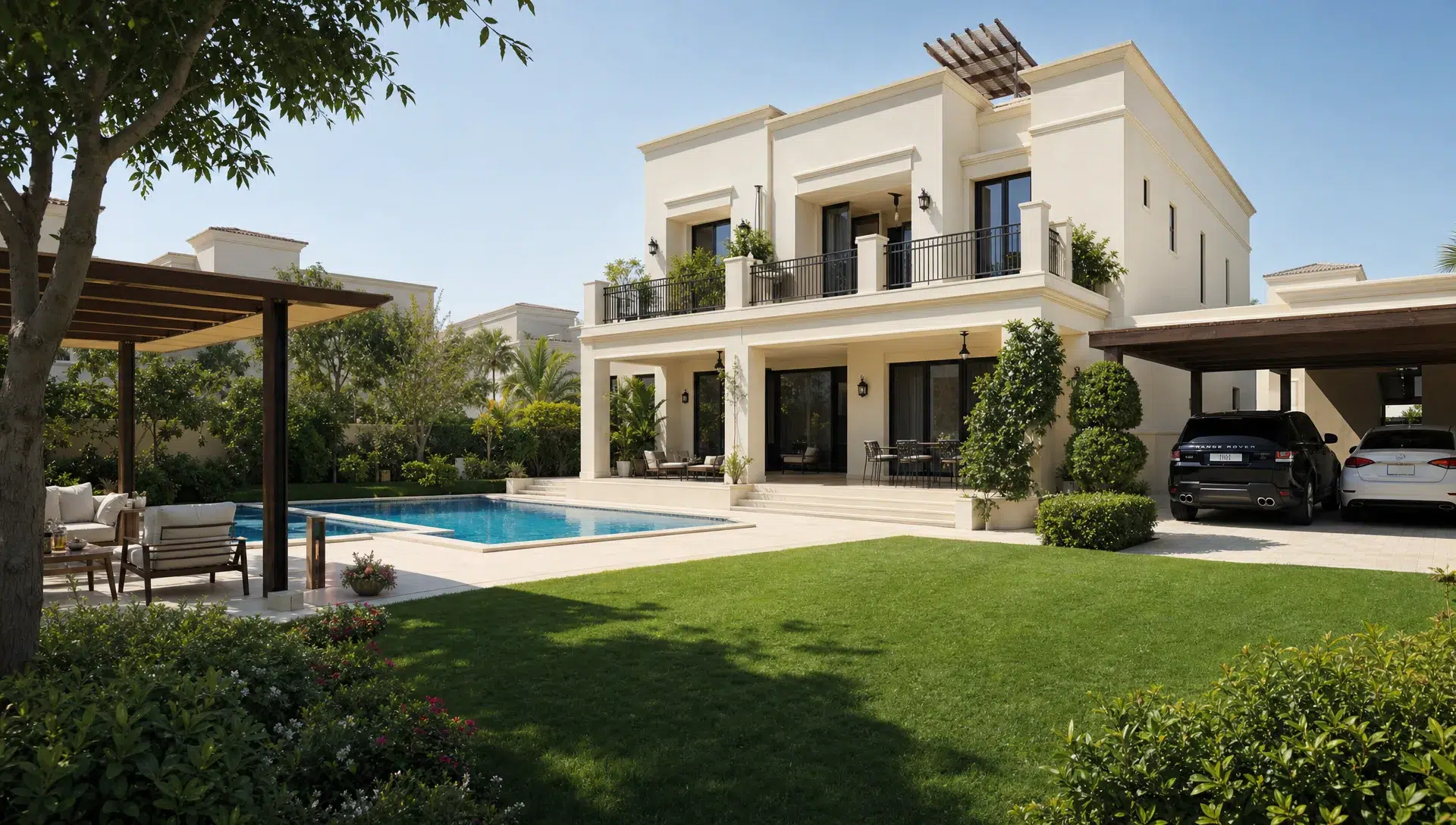 A spacious modern Dubai villa with a landscaped garden, shaded outdoor seating, private pool, and parked cars in a quiet residential community.