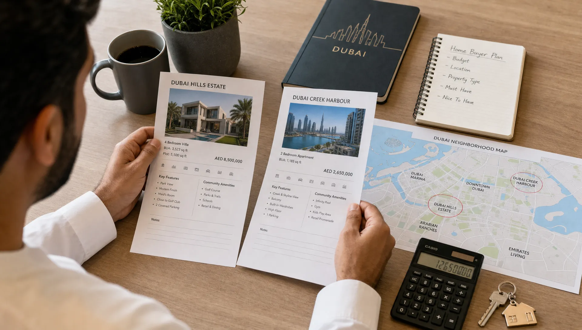 A UAE home buyer comparing printed property listing summaries on a table with a notebook, calculator, house keys, and a Dubai neighborhood map, showing an organized approach to shortlisting homes.
